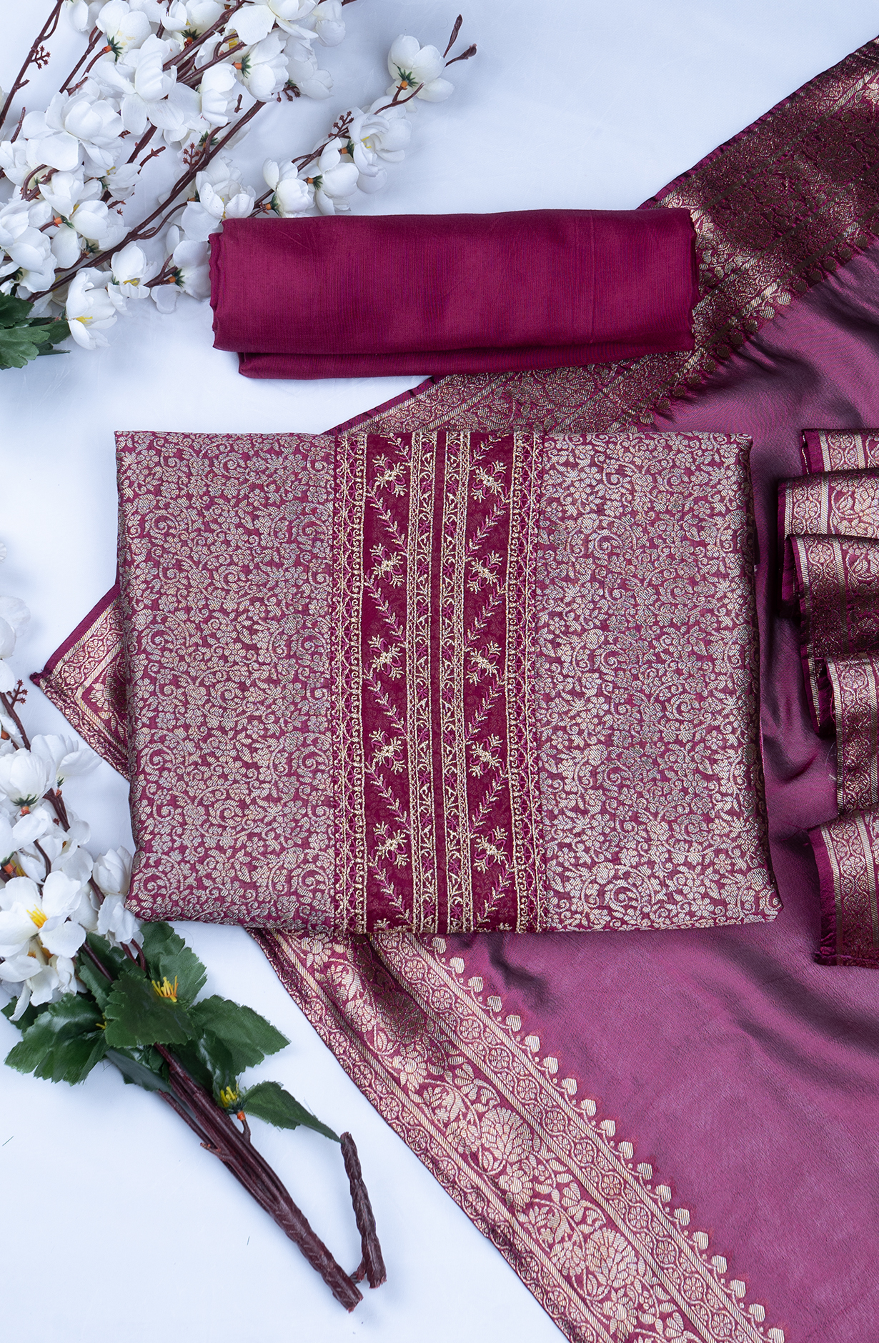 Dark Magenta Banarsi Brocket Beautiful Suit Set with Dupatta - 944-11092C