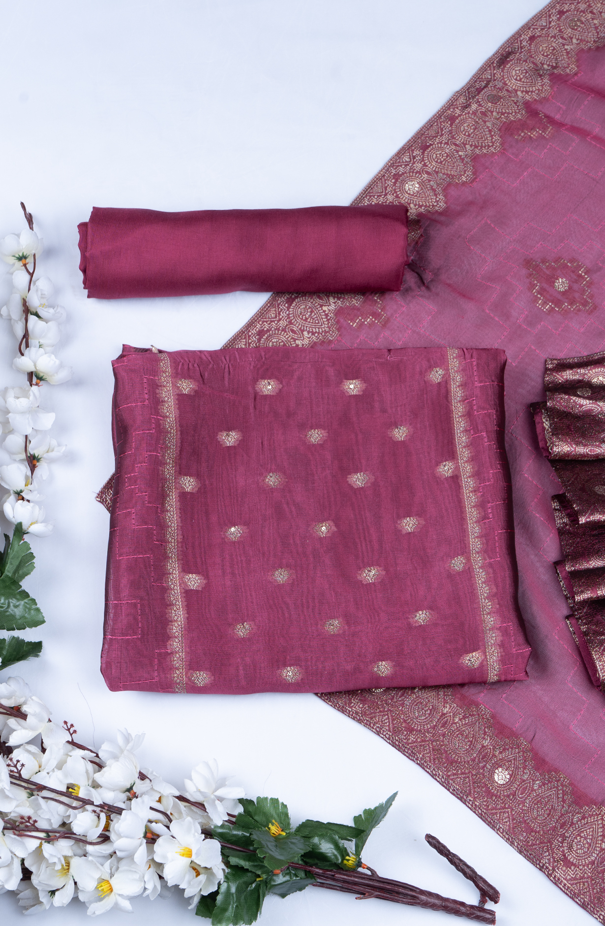 Burgundy Silk Organza Beautiful Suit Set with Dupatta - 944-11098-A