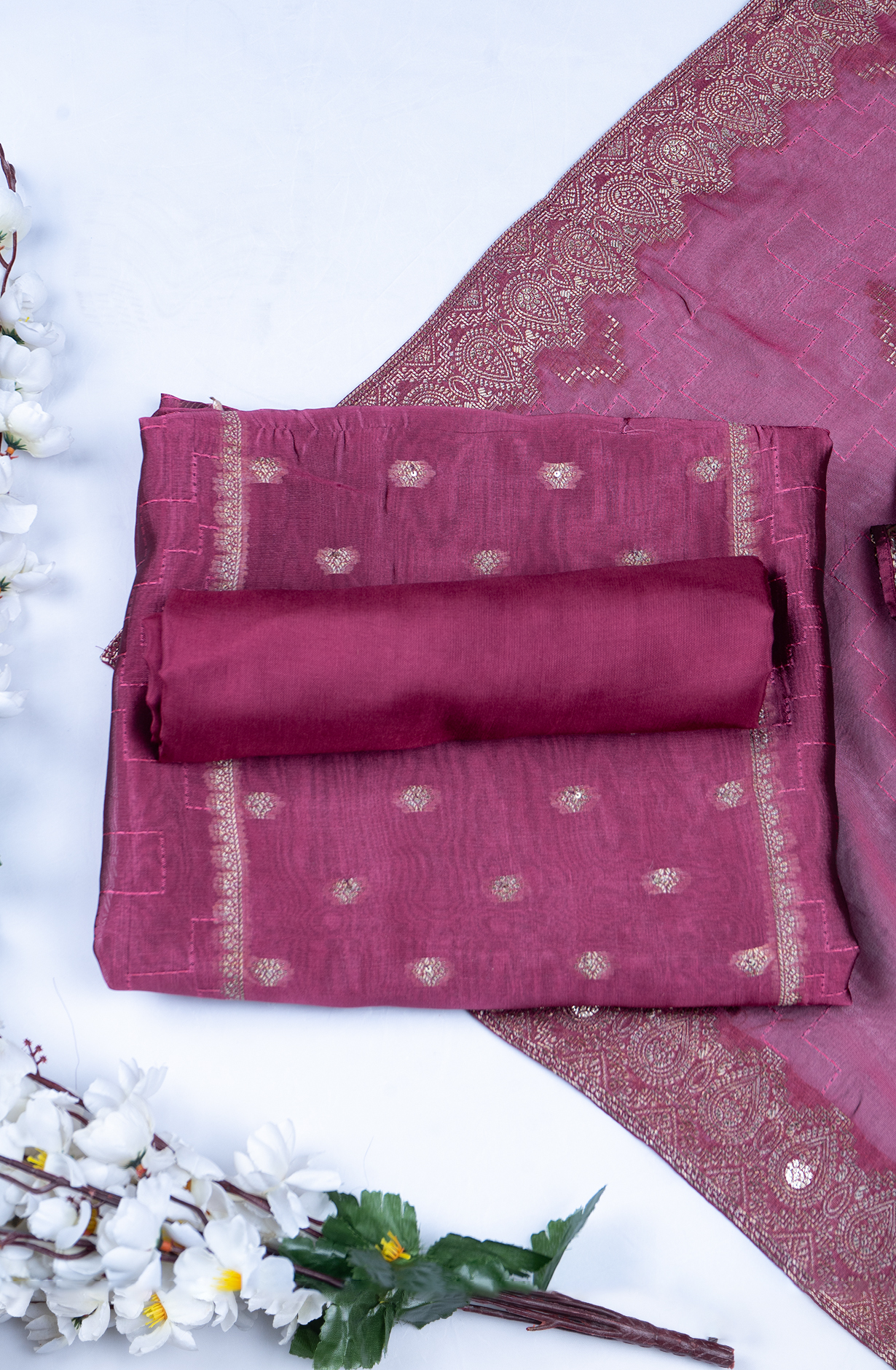 Burgundy Silk Organza Beautiful Suit Set with Dupatta - 944-11098-A
