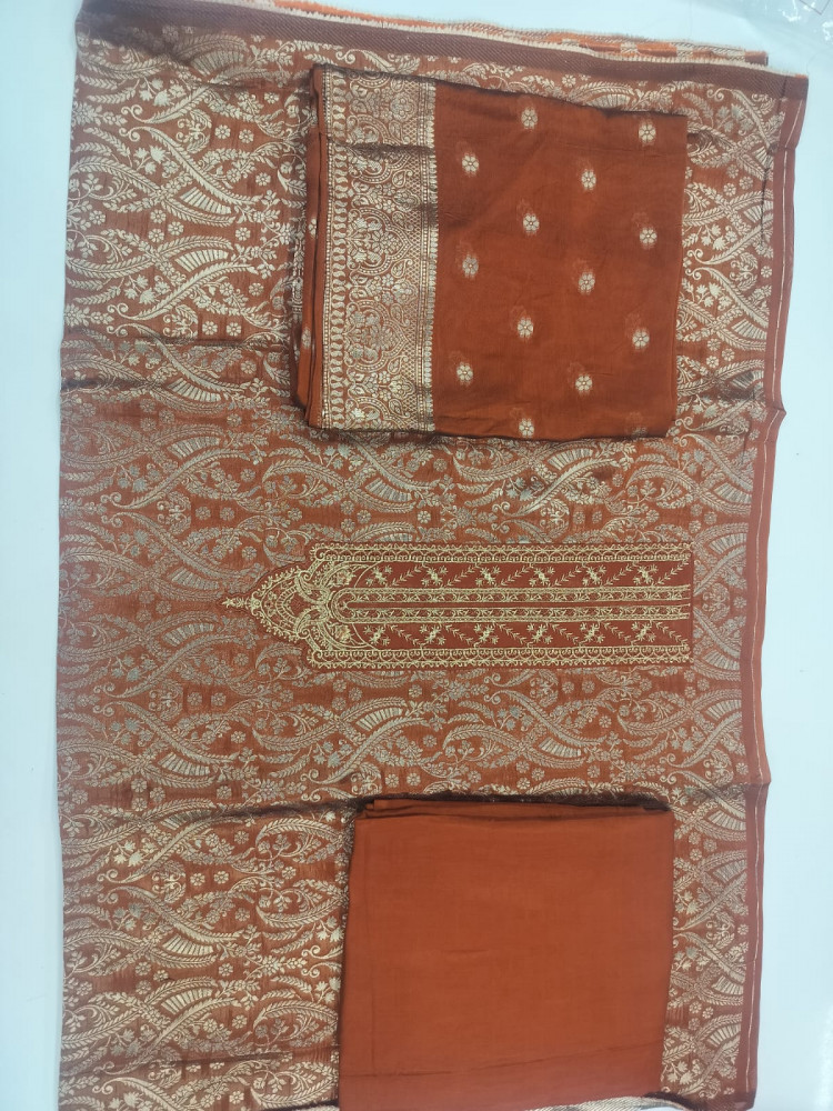 Image of Rust Silk Unstitch suit set with Dupatta - 944-11145C