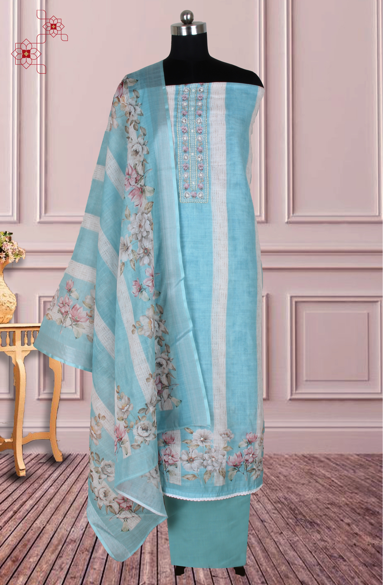 Sea Green Cotton Digital Printed Unstitched Suit with Trendy Dupatta - 944-11173