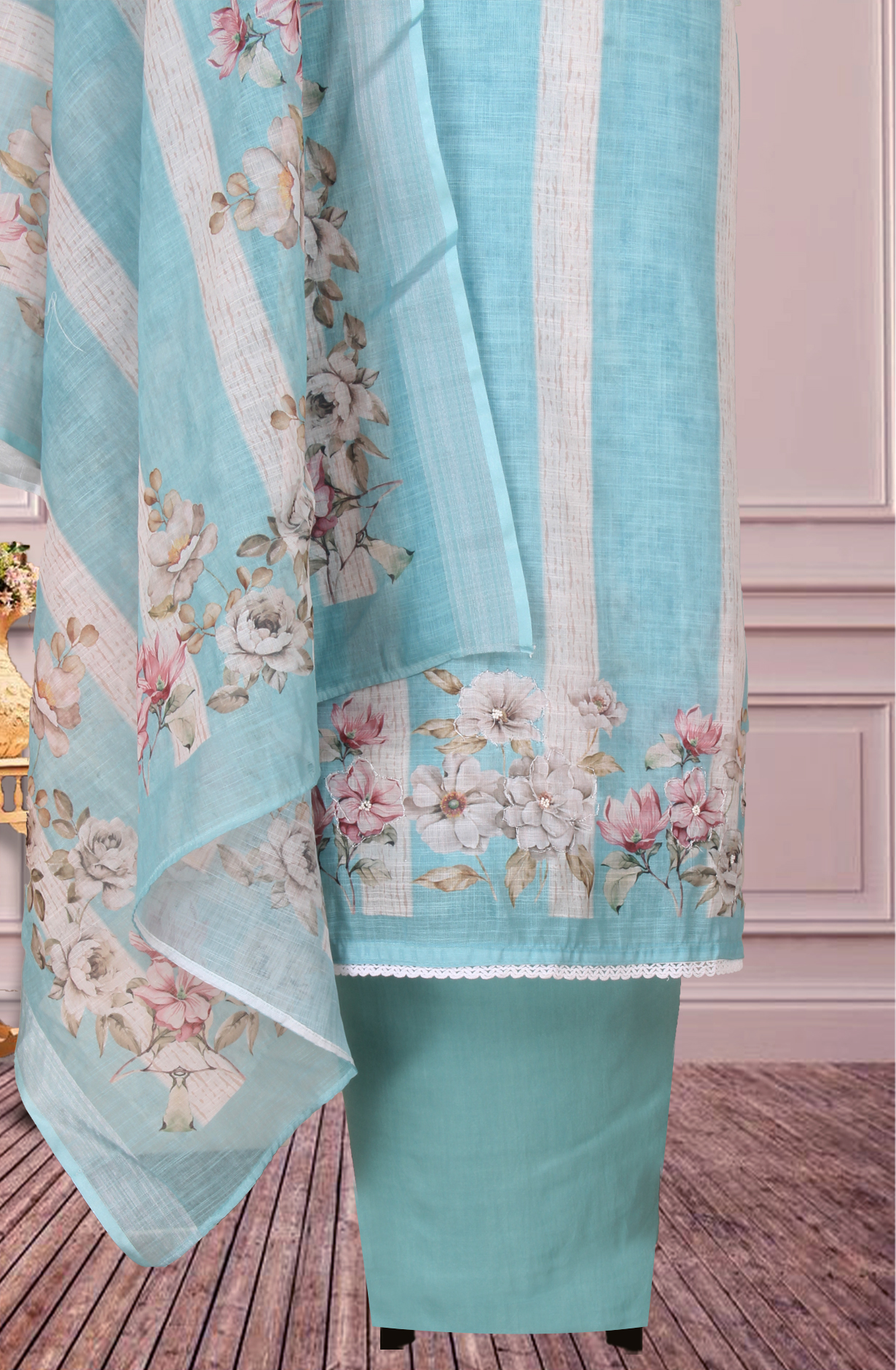 Sea Green Cotton Digital Printed Unstitched Suit with Trendy Dupatta - 944-11173