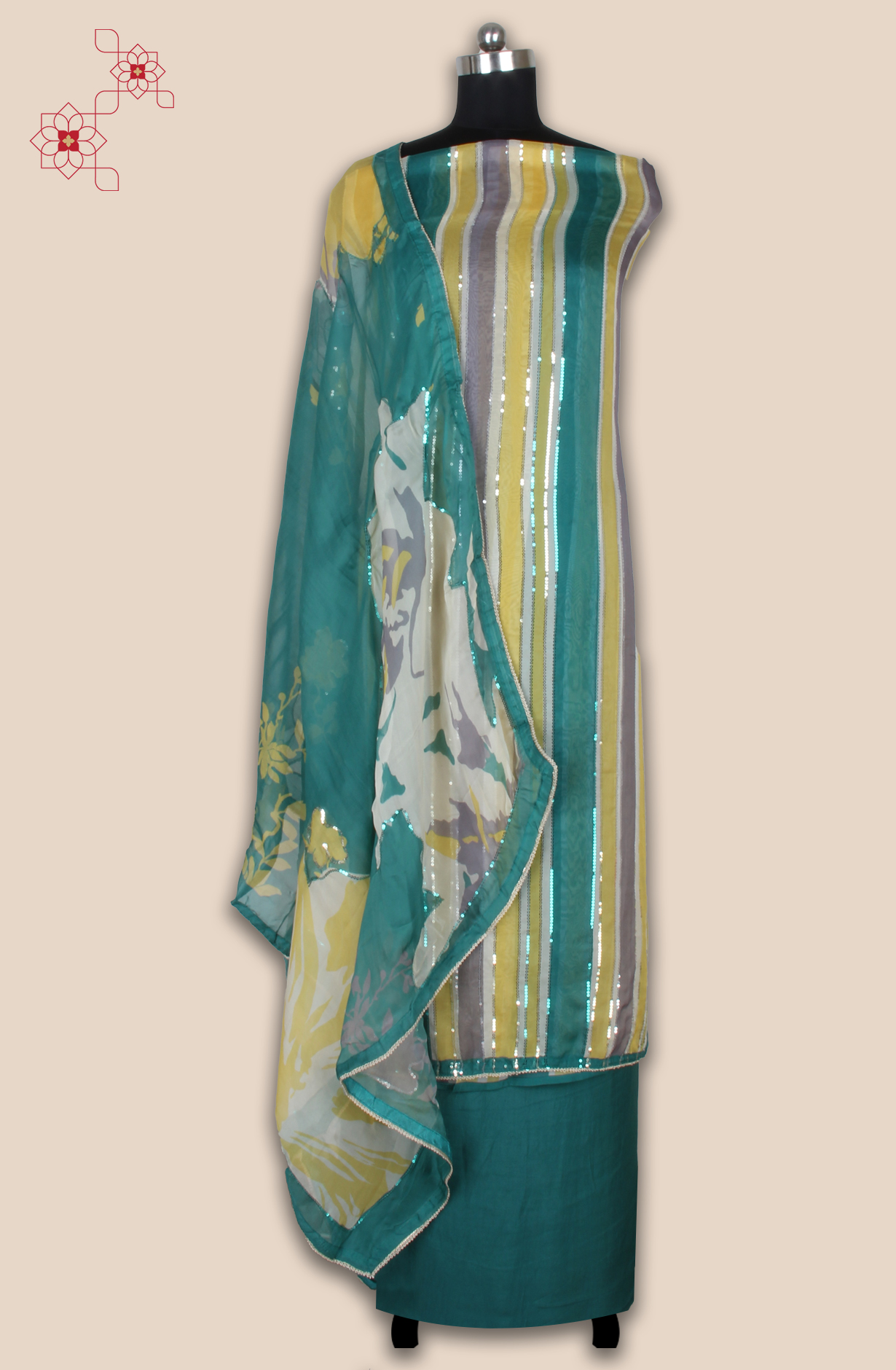 Organza Sequins Work Multicolor Party Wear Salwar Suit with Trendy Dupatta - 944-11209