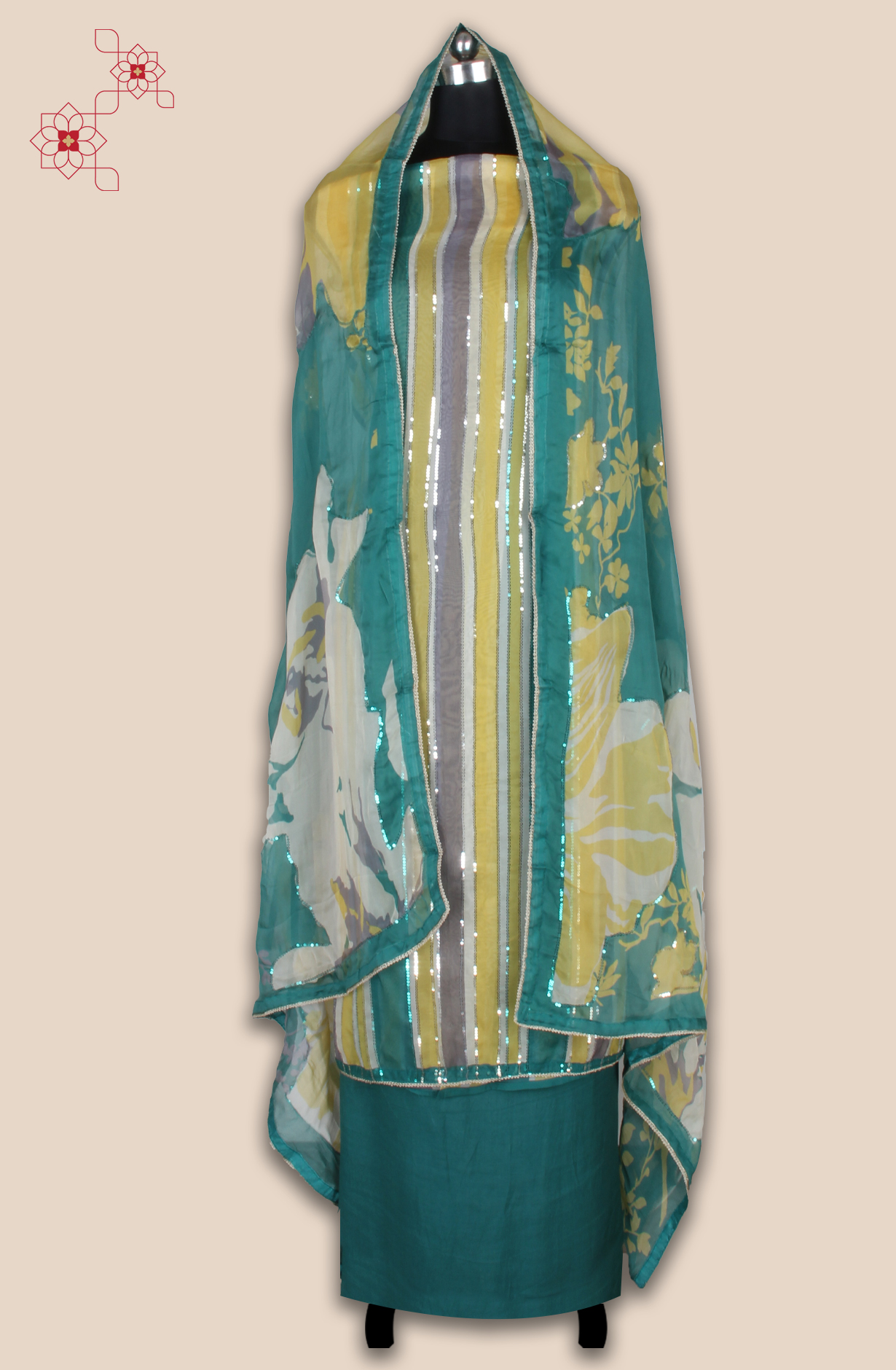 Organza Sequins Work Multicolor Party Wear Salwar Suit with Trendy Dupatta - 944-11209