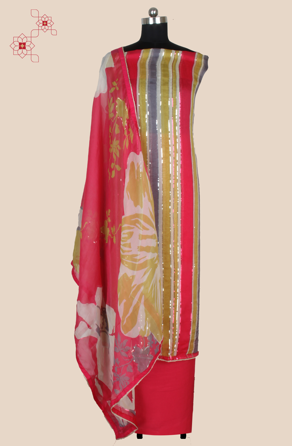 Organza Sequins Work Multicolor Party Wear Salwar Suit with Trendy Dupatta - 944-11209A