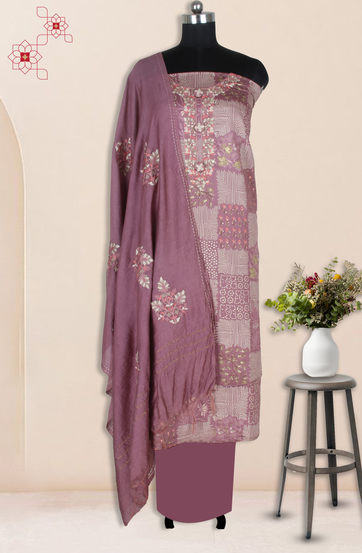 Mauve Cotton Unstitched Printed Salwar Dress Material - 944-1122B