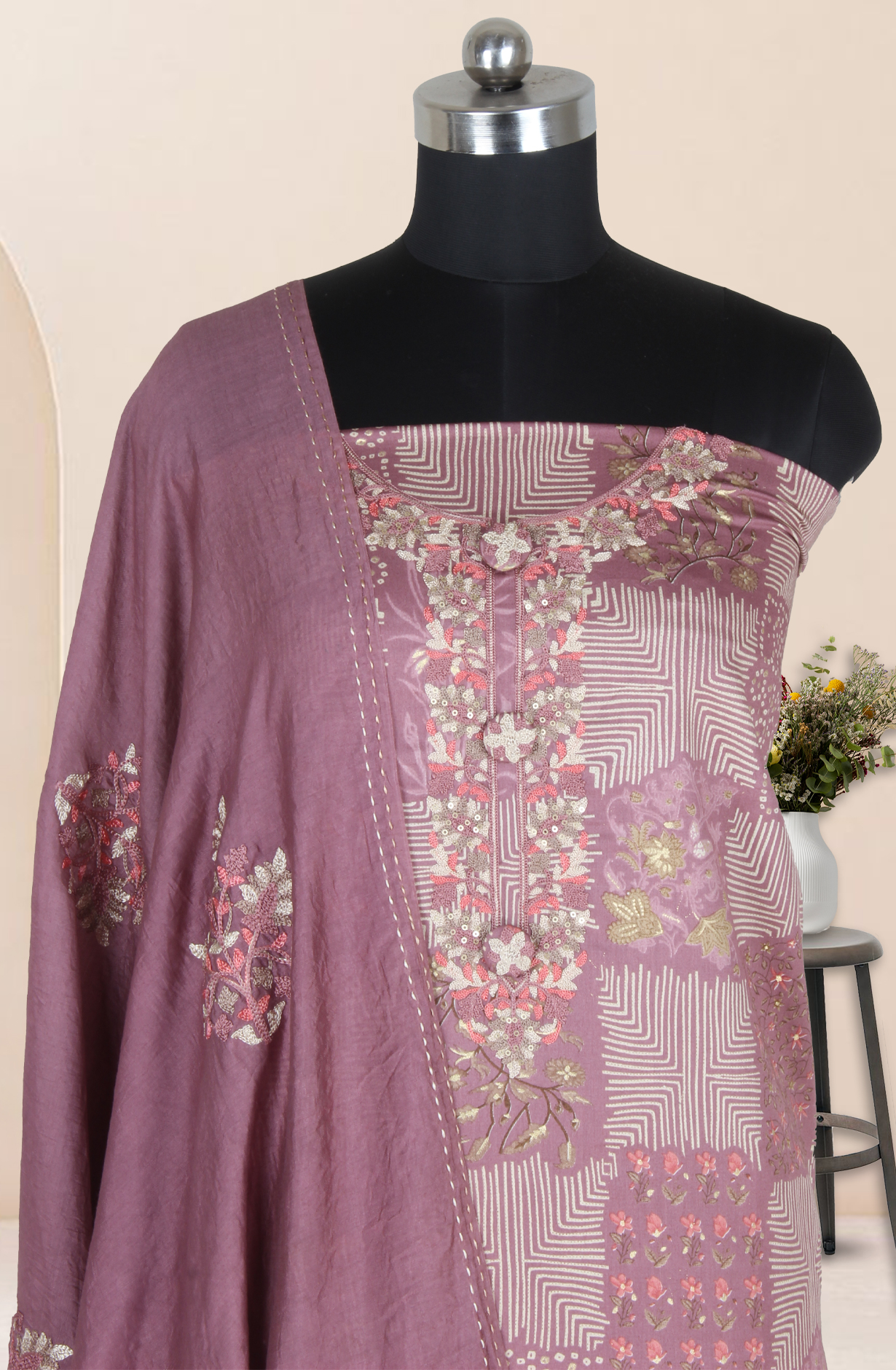 Mauve Cotton Unstitched Printed Salwar Dress Material - 944-1122B