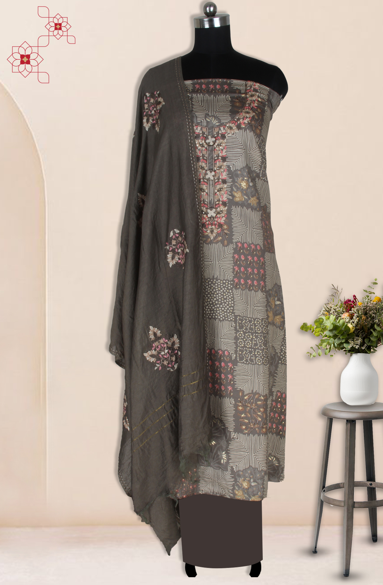 Brown Cotton Unstitched Printed Salwar Dress Material - 944-1122C