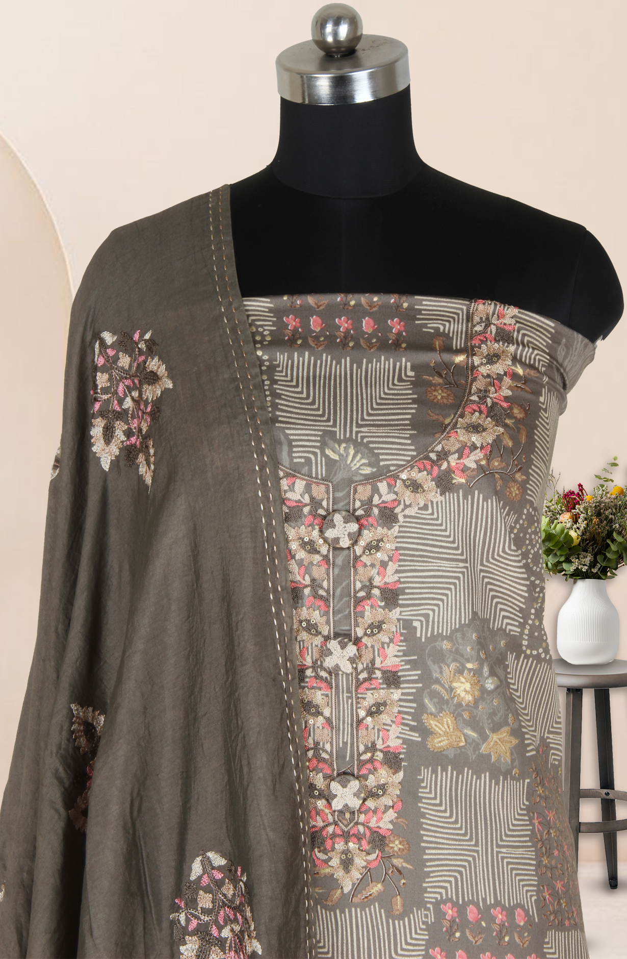 Brown Cotton Unstitched Printed Salwar Dress Material - 944-1122C