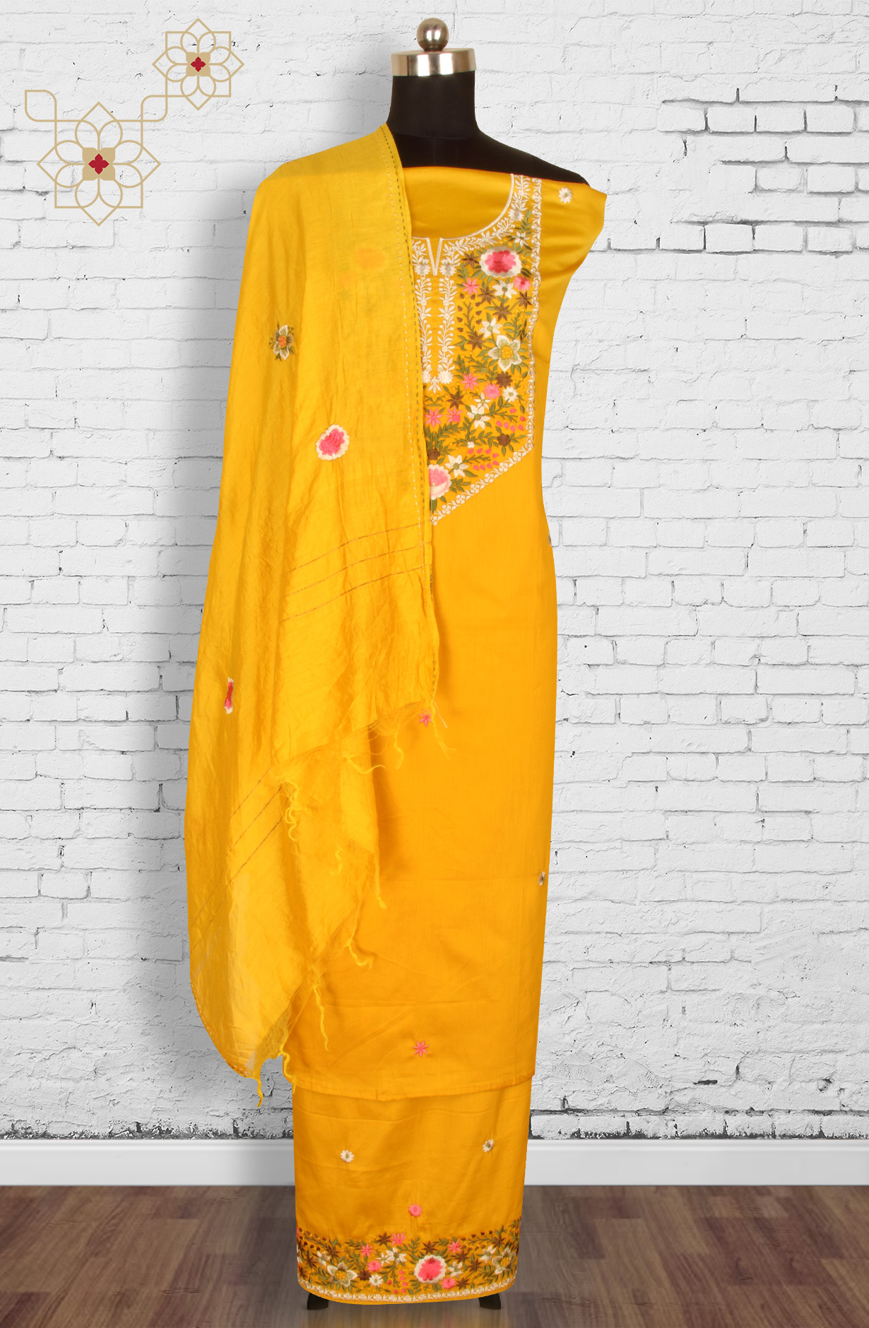Mustard Cotton Unstitched Suit with Chanderi Dupatta - 944-1150