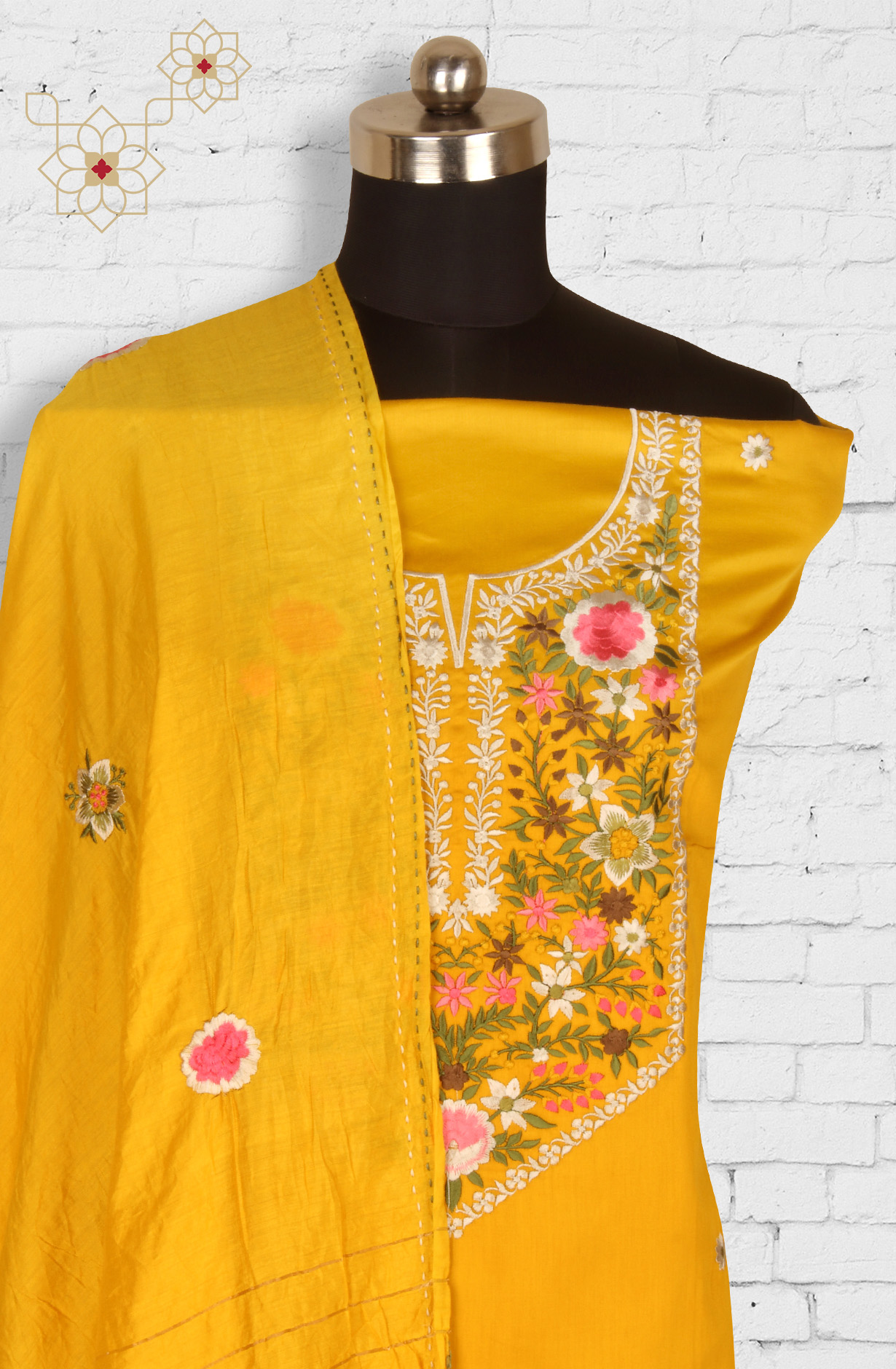 Mustard Cotton Unstitched Suit with Chanderi Dupatta - 944-1150