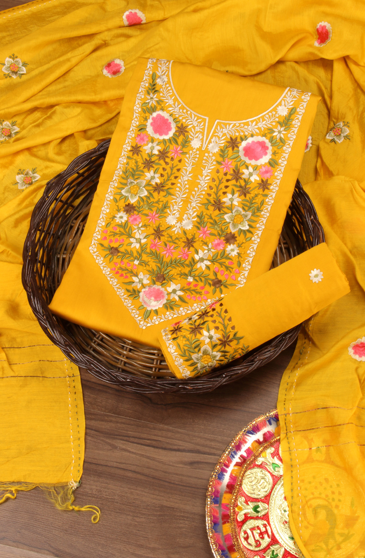 Mustard Cotton Unstitched Suit with Chanderi Dupatta - 944-1150
