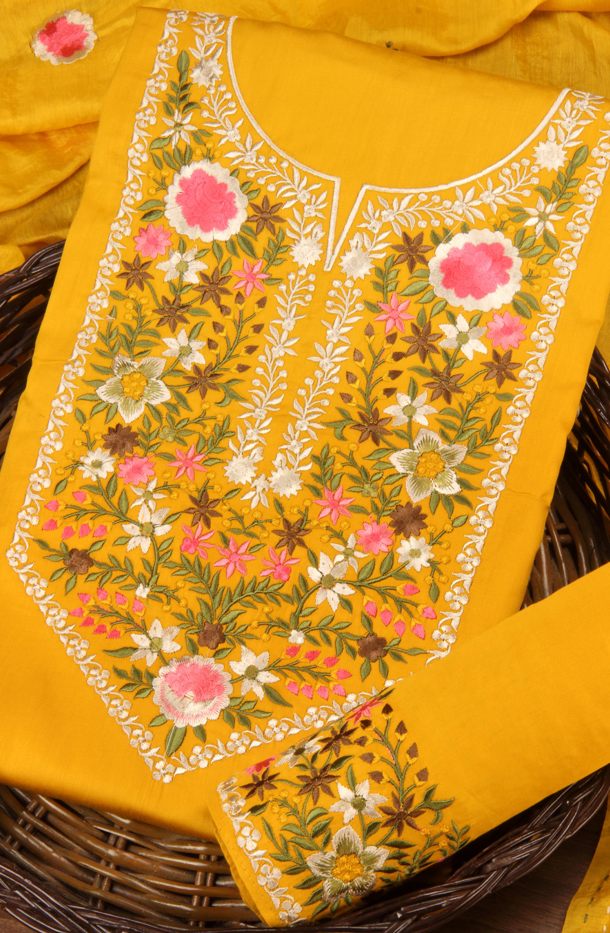 Mustard Cotton Unstitched Suit with Chanderi Dupatta - 944-1150
