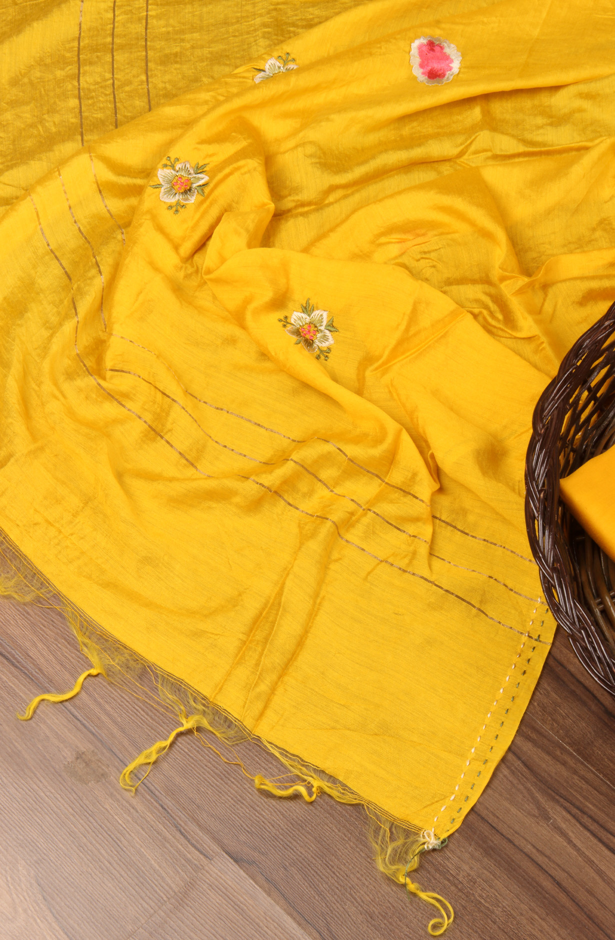 Mustard Cotton Unstitched Suit with Chanderi Dupatta - 944-1150