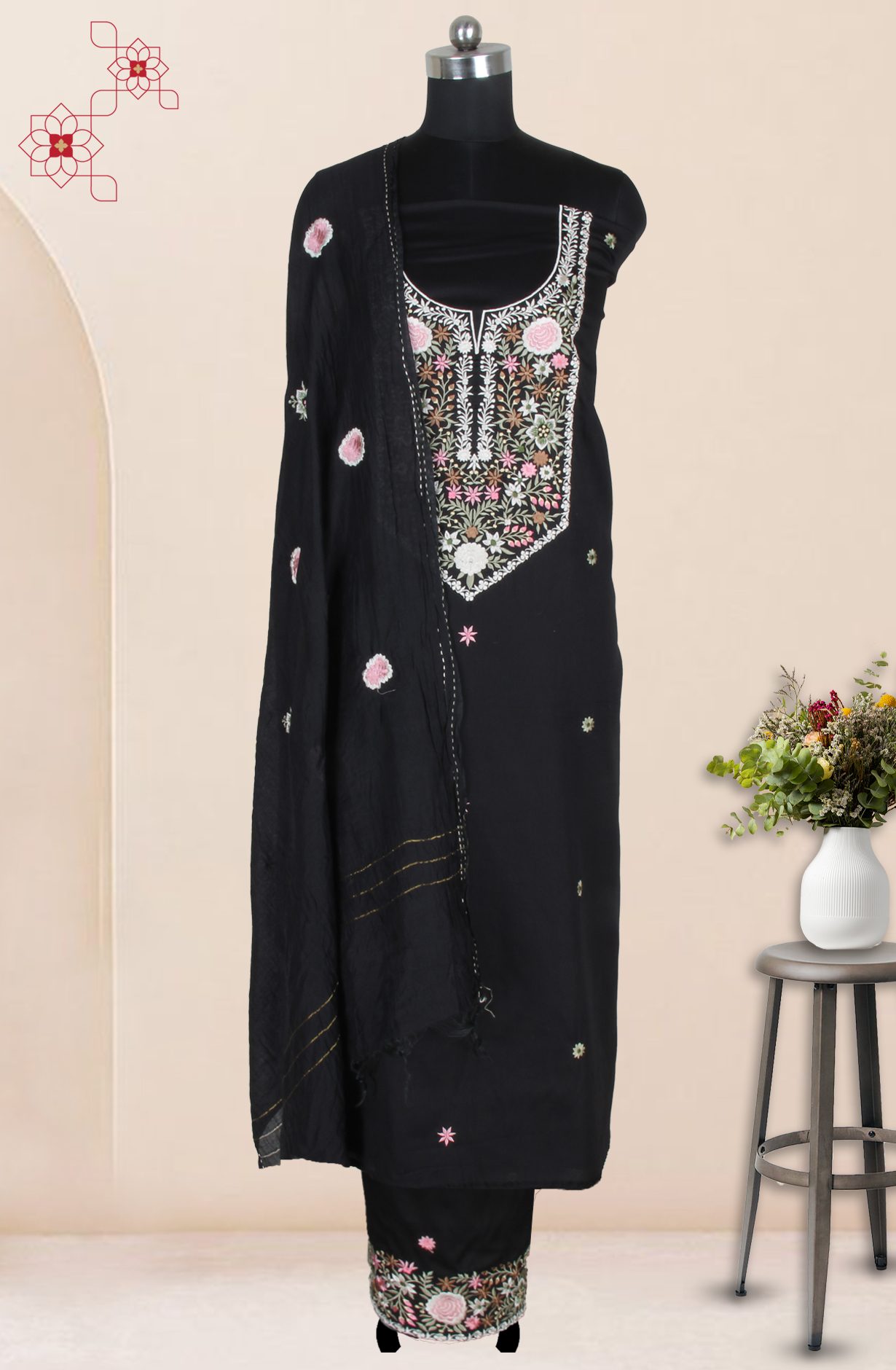 Black Unstitched Resham Embroidery Suit with Trendy Dupatta - 944-1151