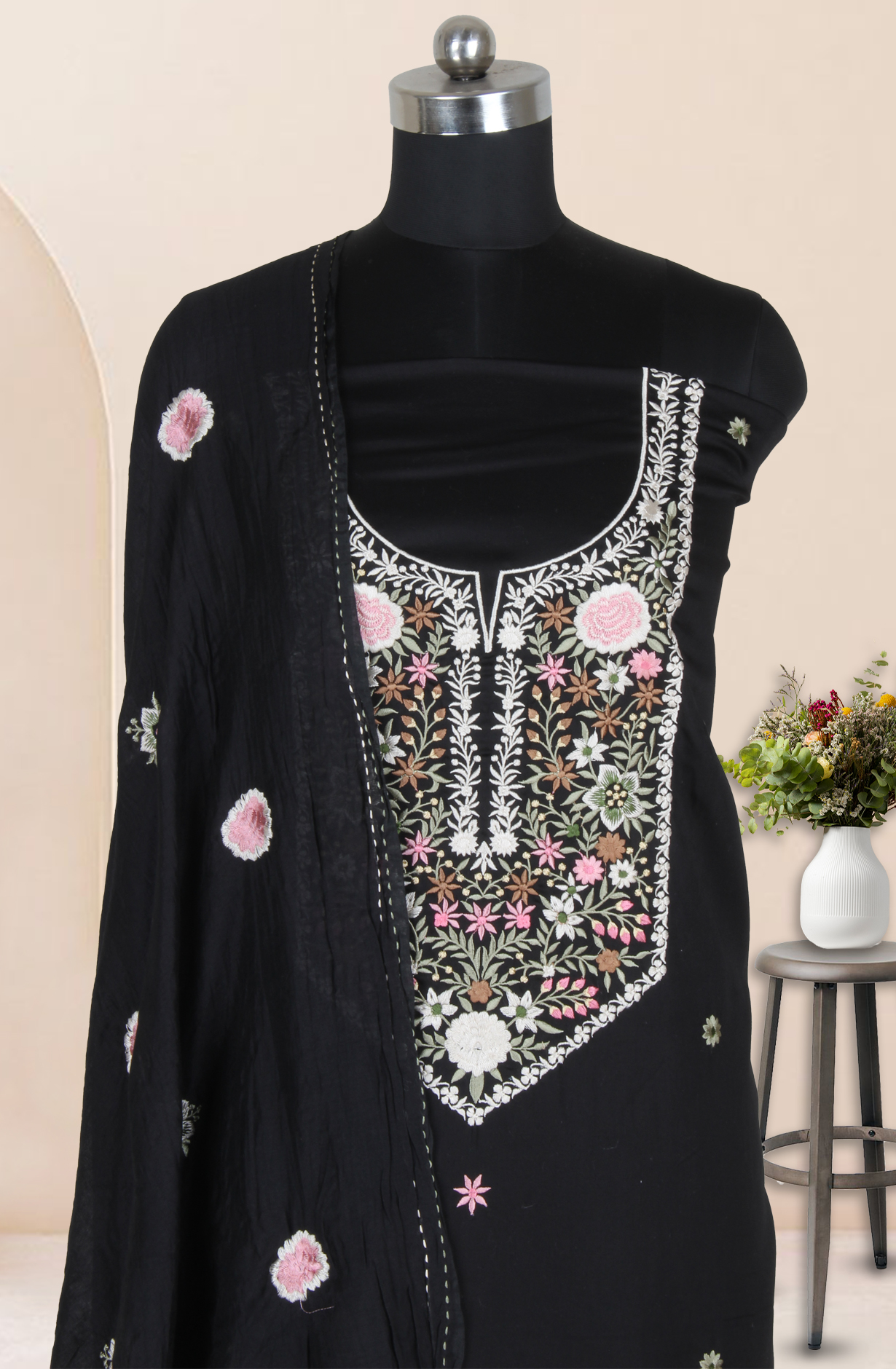 Black Unstitched Resham Embroidery Suit with Trendy Dupatta - 944-1151
