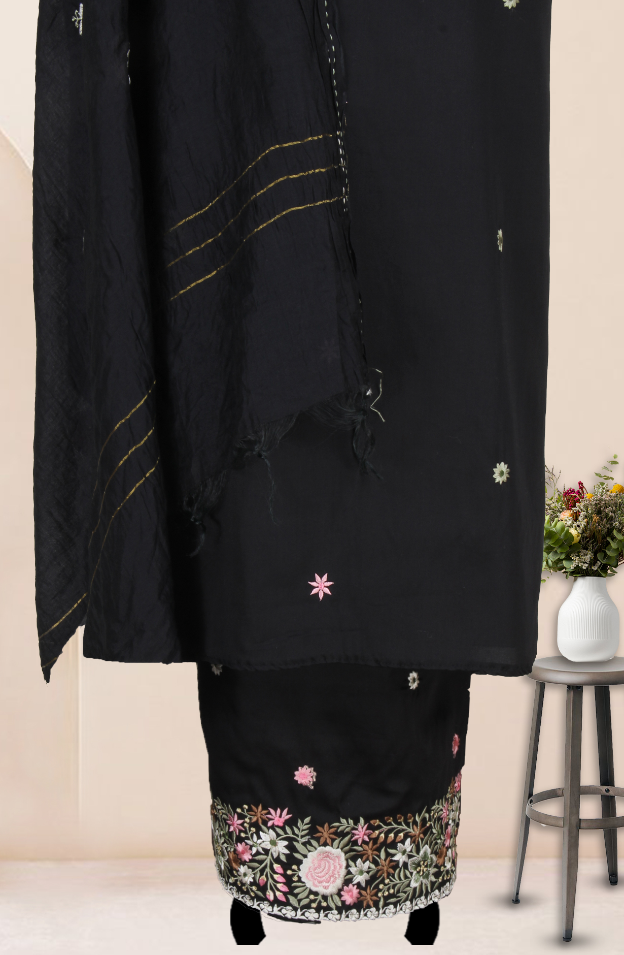 Black Unstitched Resham Embroidery Suit with Trendy Dupatta - 944-1151