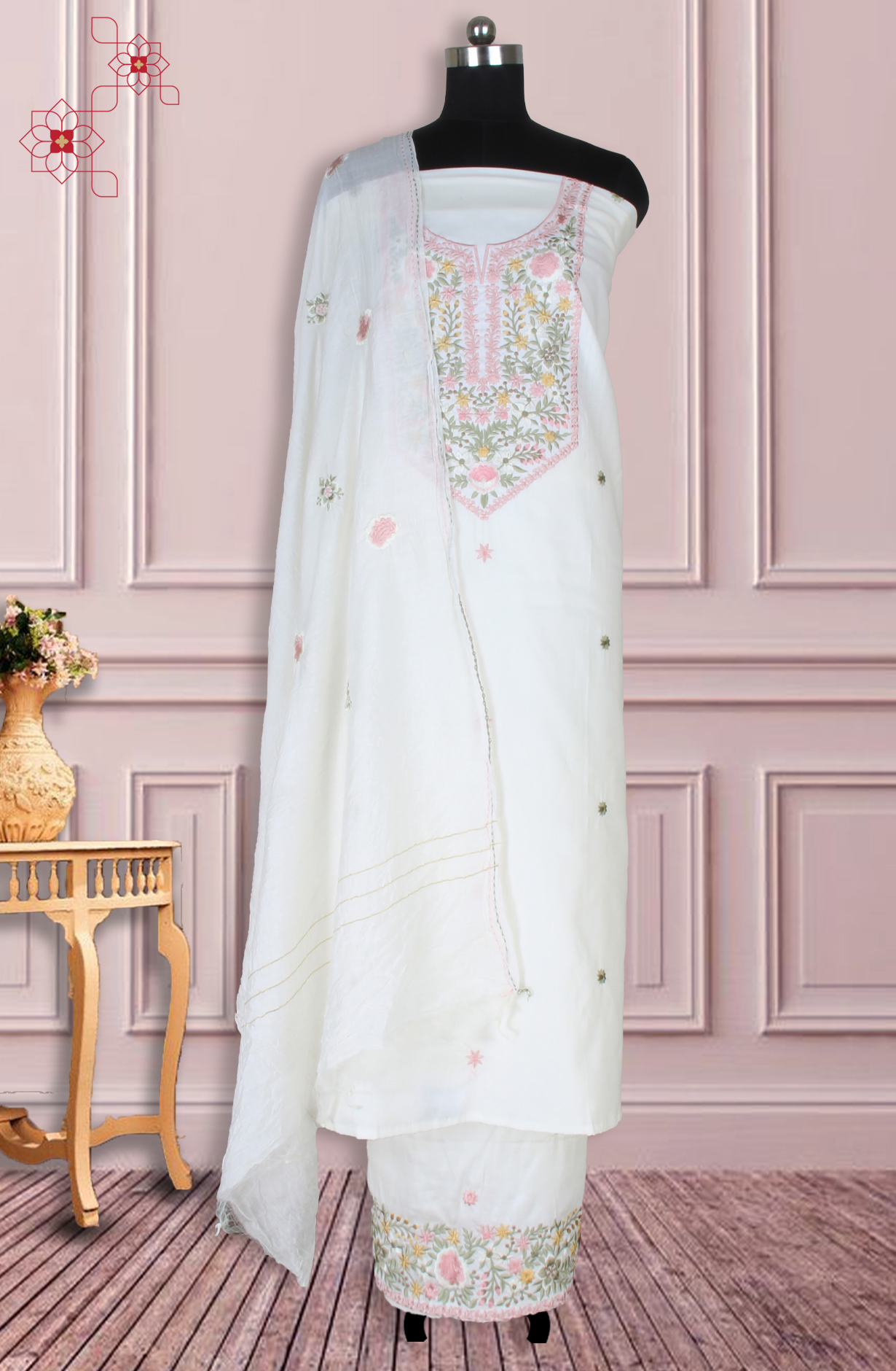 Cream Unstitched Resham Embroidery Suit with Trendy Dupatta - 944-1152