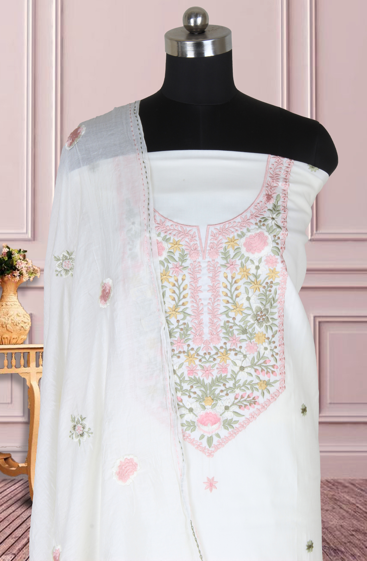 Cream Unstitched Resham Embroidery Suit with Trendy Dupatta - 944-1152