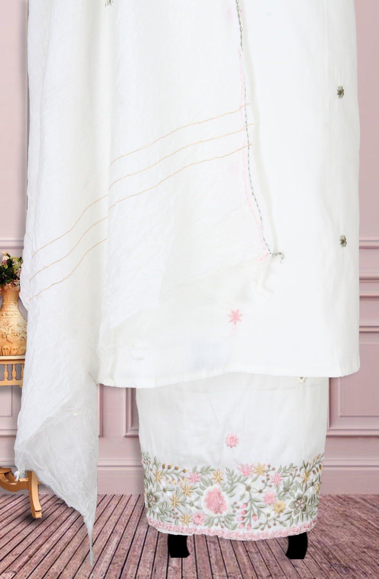 Cream Unstitched Resham Embroidery Suit with Trendy Dupatta - 944-1152
