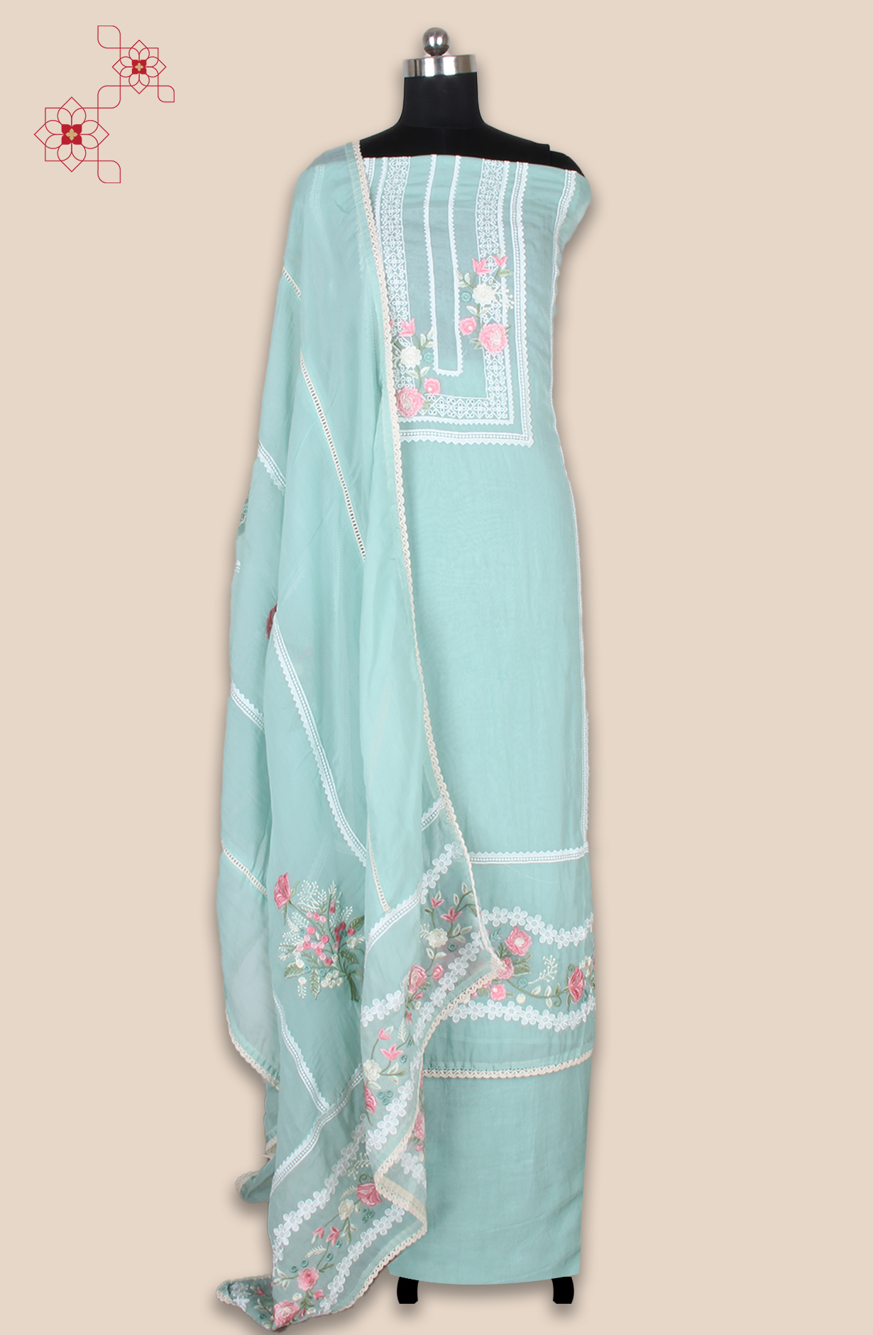 Sea Green Partywear Organza Embroidered Salwar Kameez with Trendy Dupatta - 944-11842A