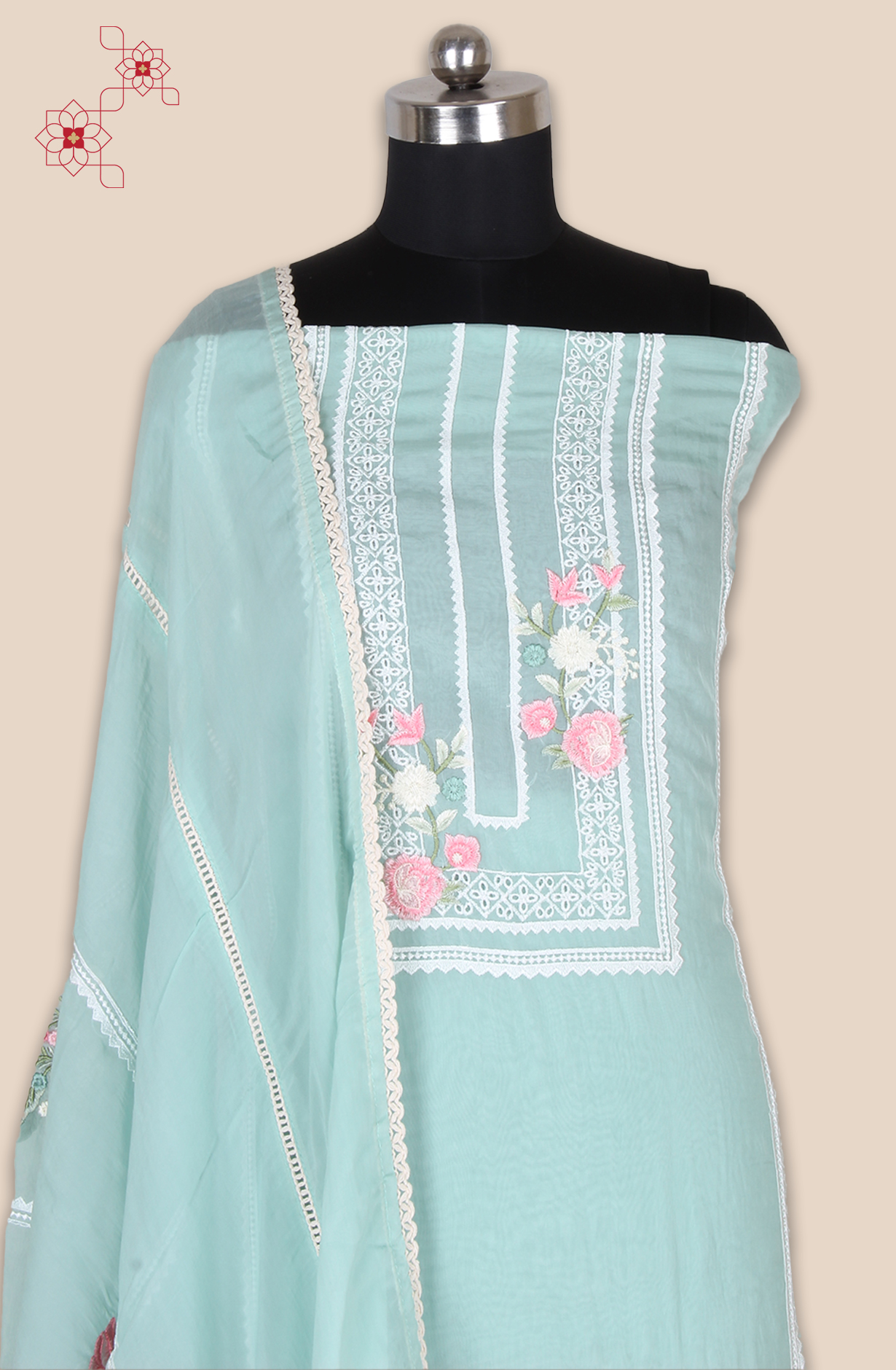 Sea Green Partywear Organza Embroidered Salwar Kameez with Trendy Dupatta - 944-11842A