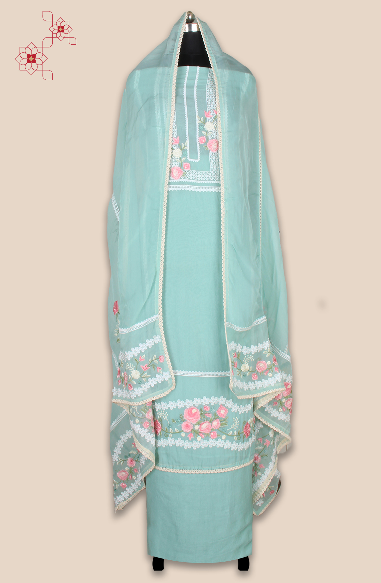 Sea Green Partywear Organza Embroidered Salwar Kameez with Trendy Dupatta - 944-11842A