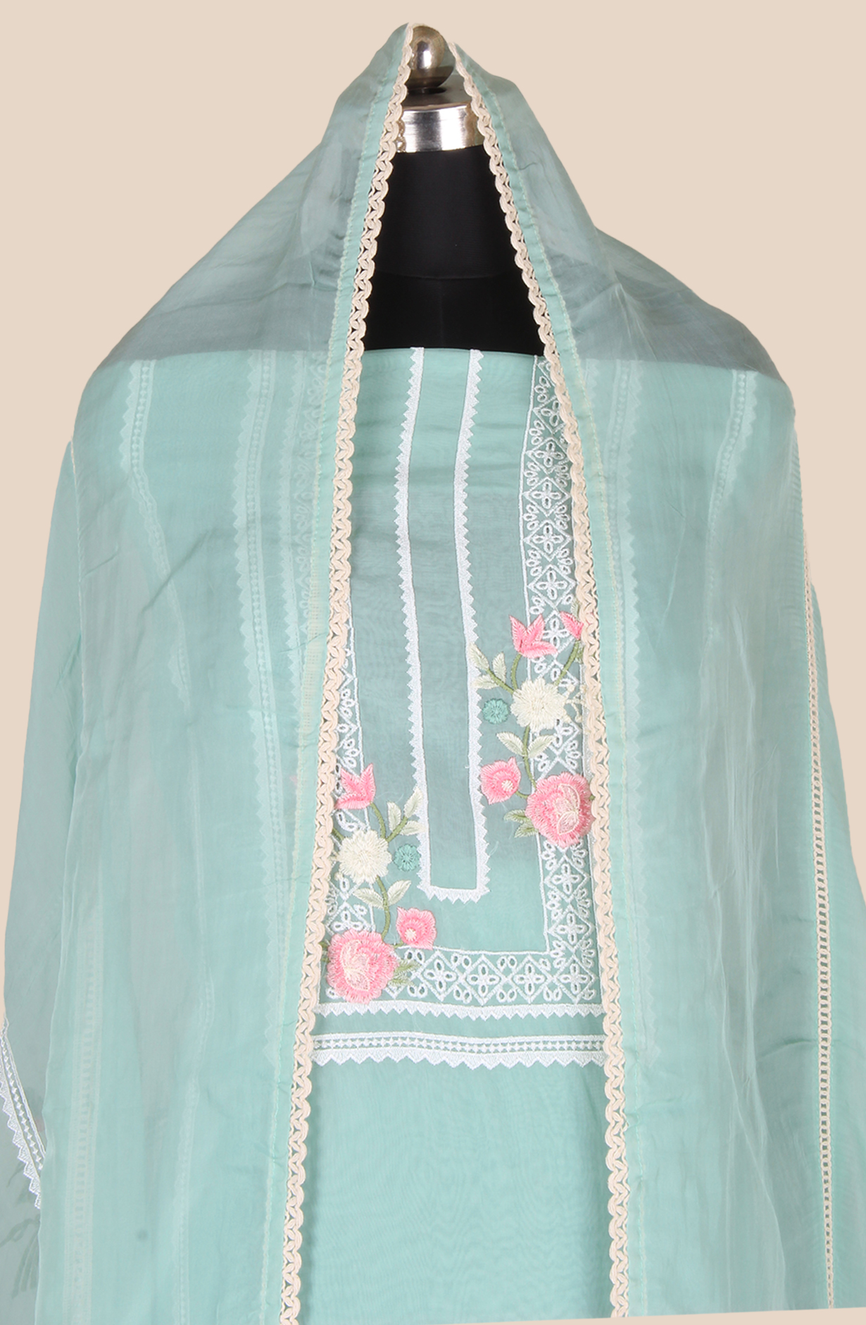 Sea Green Partywear Organza Embroidered Salwar Kameez with Trendy Dupatta - 944-11842A
