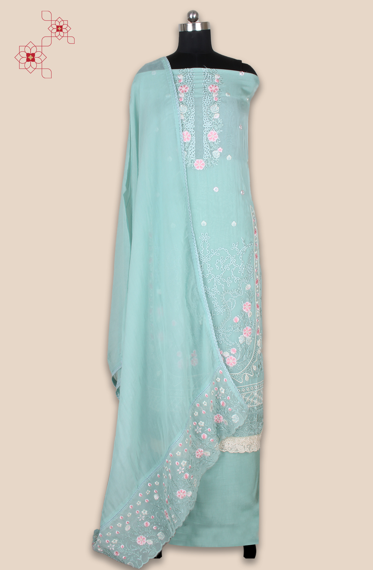 Sea Green Partywear Organza Embroidered Salwar Kameez with Trendy Dupatta - 944-11872A