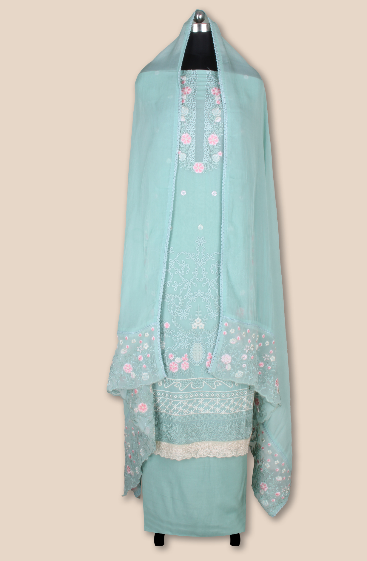 Sea Green Partywear Organza Embroidered Salwar Kameez with Trendy Dupatta - 944-11872A