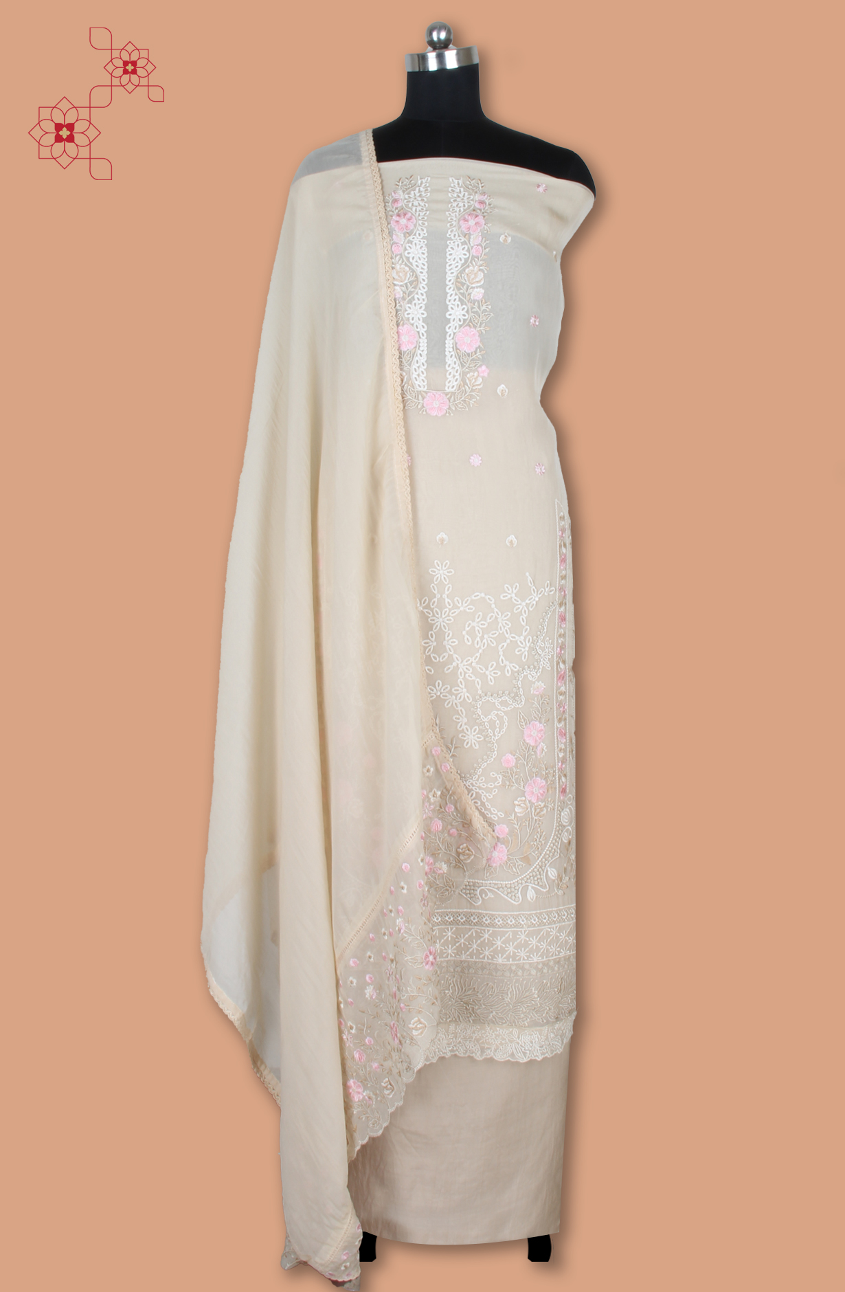 Beige Partywear Organza Embroidered Salwar Kameez with Trendy Dupatta - 944-11872B