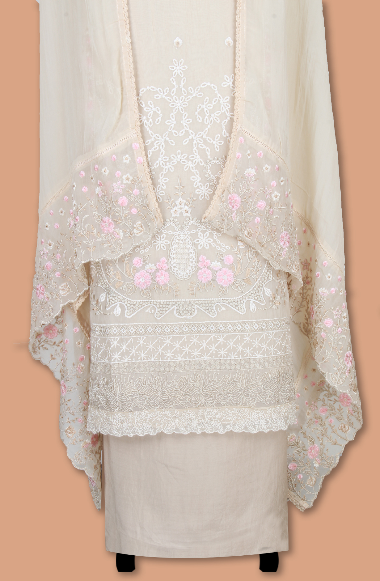 Beige Partywear Organza Embroidered Salwar Kameez with Trendy Dupatta - 944-11872B