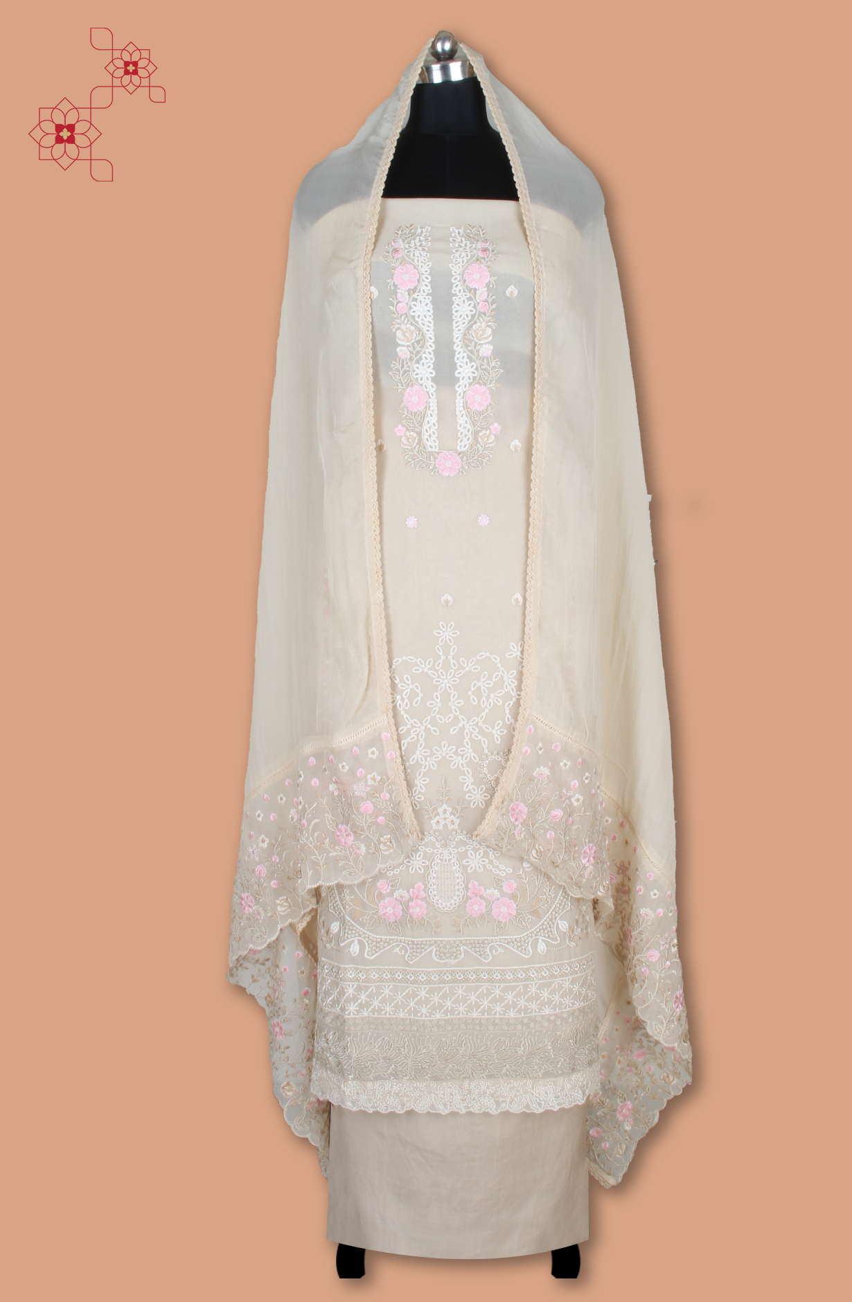 Beige Partywear Organza Embroidered Salwar Kameez with Trendy Dupatta - 944-11872B