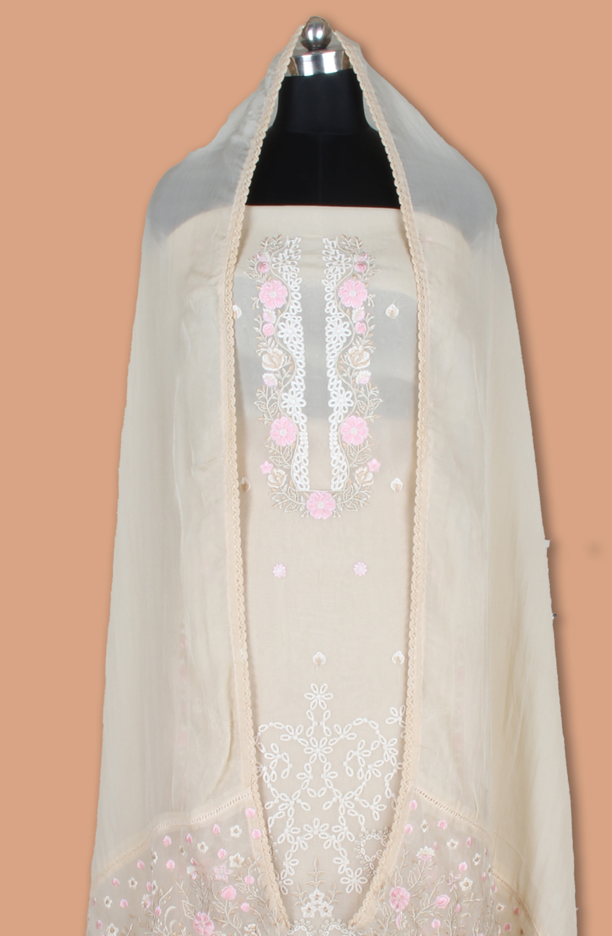Beige Partywear Organza Embroidered Salwar Kameez with Trendy Dupatta - 944-11872B