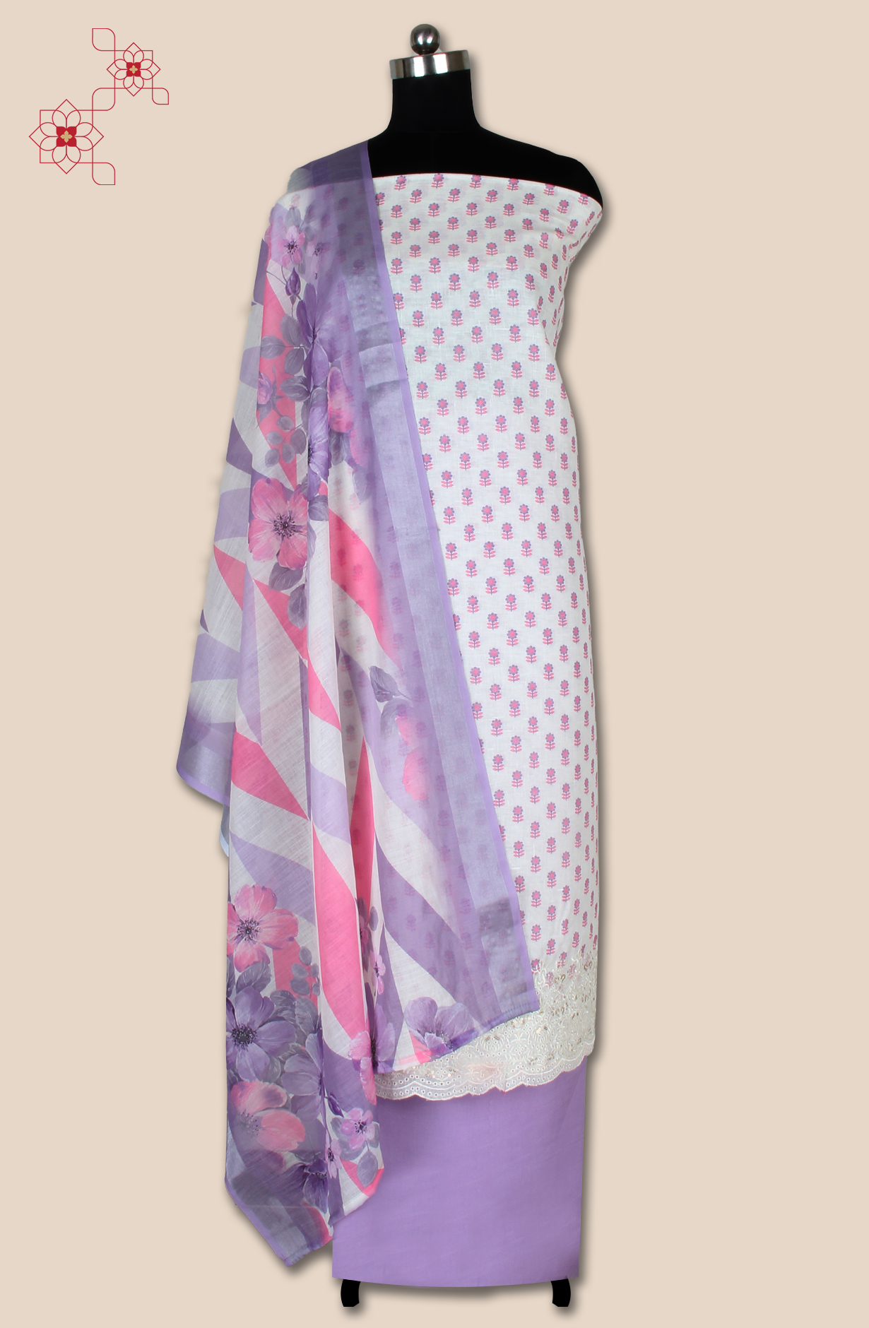 Off-white and Purple Linen Printed Unstitched Salwar Kameez - 944-12165