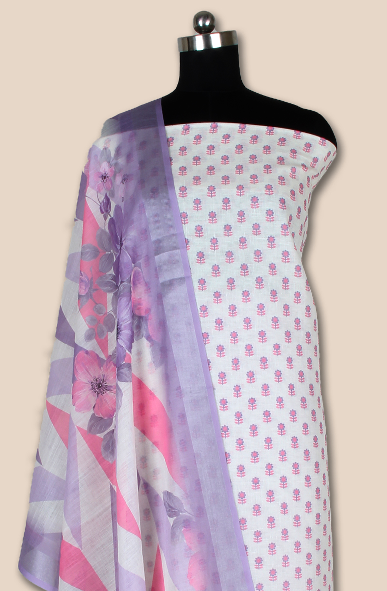 Off-white and Purple Linen Printed Unstitched Salwar Kameez - 944-12165