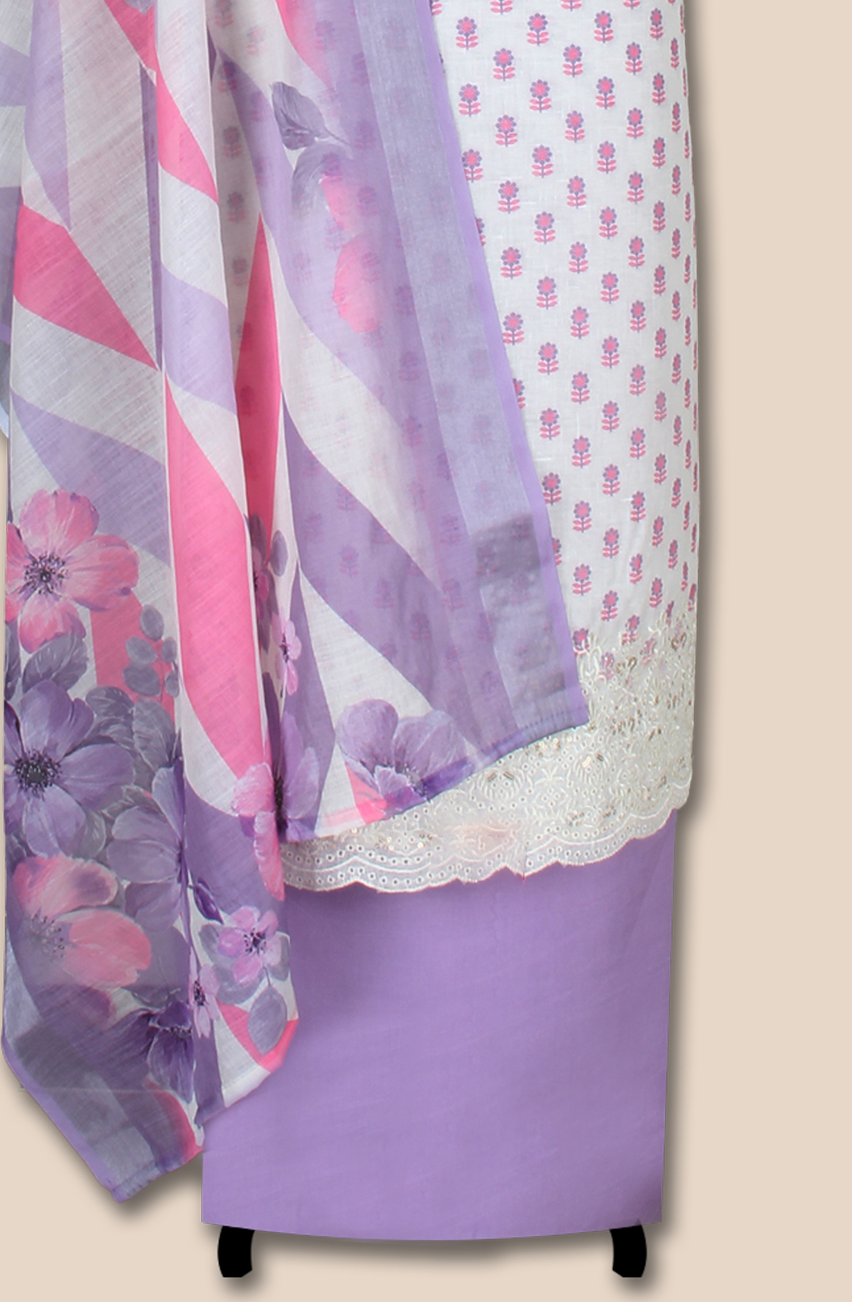 Off-white and Purple Linen Printed Unstitched Salwar Kameez - 944-12165