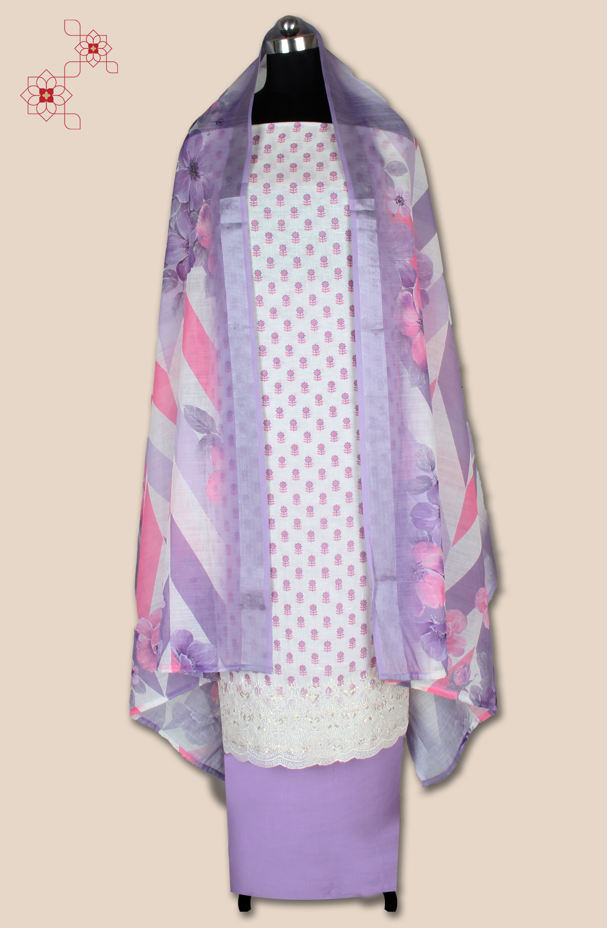 Off-white and Purple Linen Printed Unstitched Salwar Kameez - 944-12165