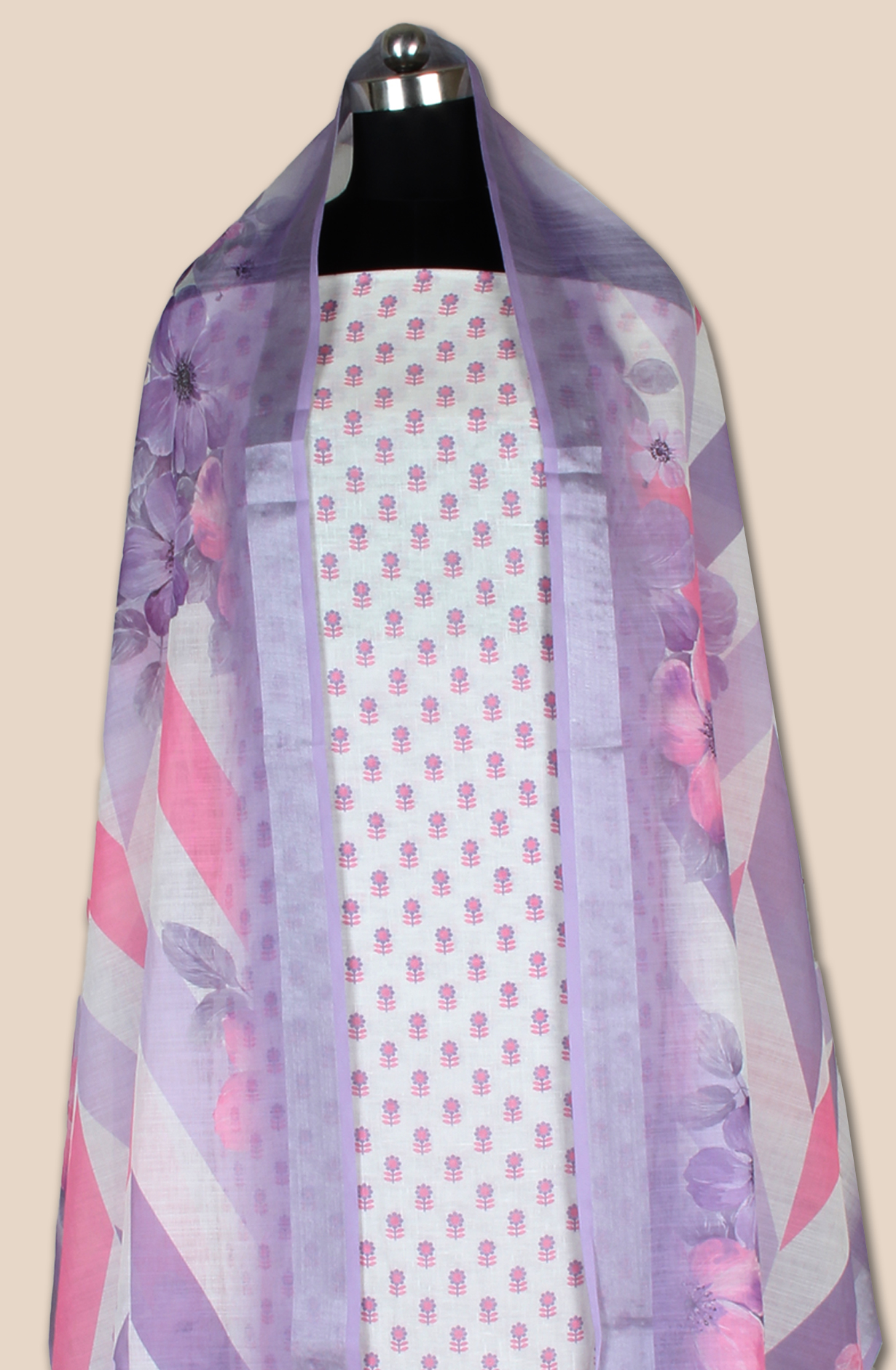 Off-white and Purple Linen Printed Unstitched Salwar Kameez - 944-12165