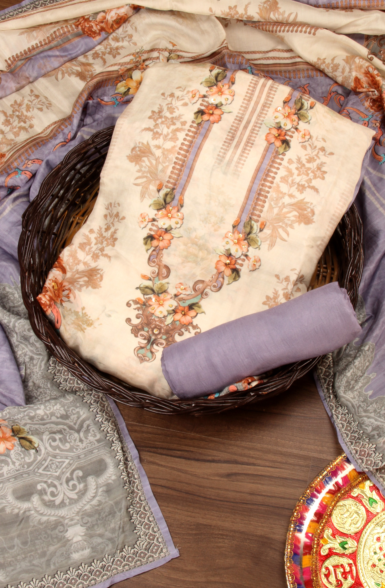 Multi-coloured Beautiful Muslin Unstitched Salwar Kameez - 944-13047B