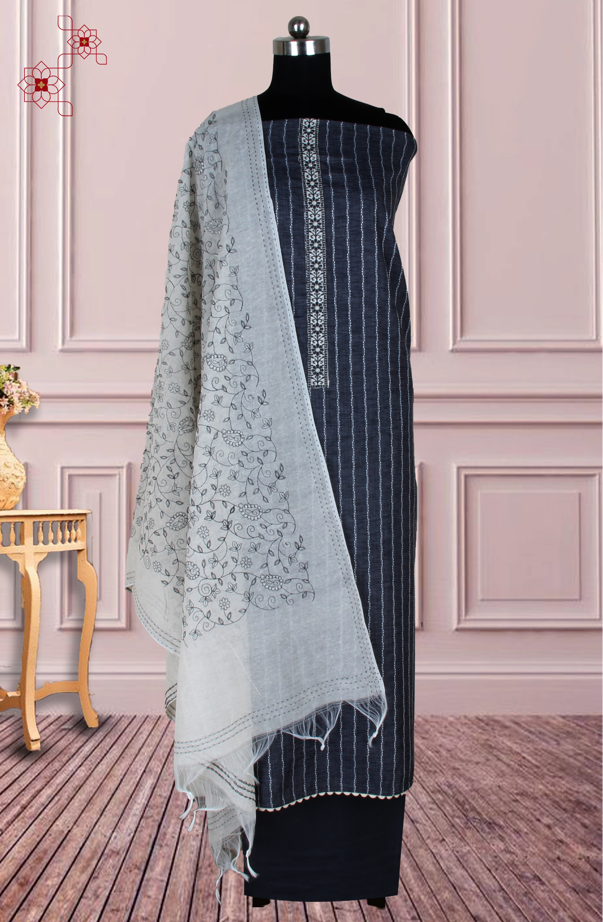 Grey Cotton Woven Unstitched Suit with Trendy Dupatta - 944-1372