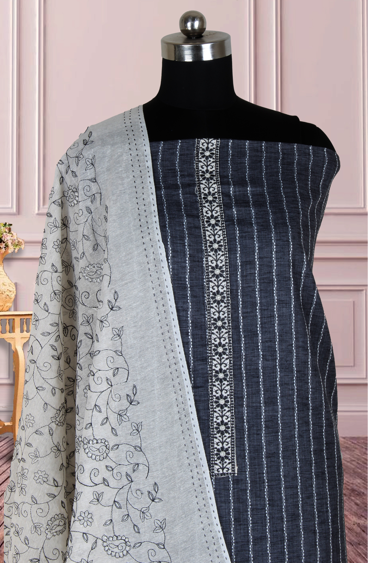 Grey Cotton Woven Unstitched Suit with Trendy Dupatta - 944-1372