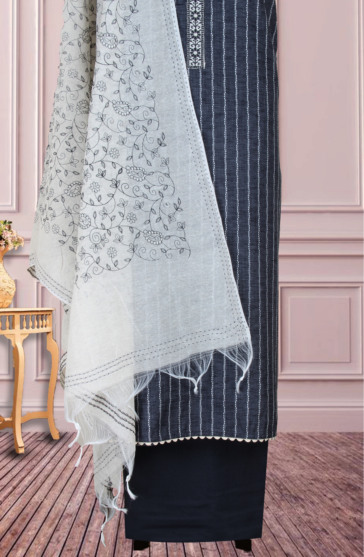 Grey Cotton Woven Unstitched Suit with Trendy Dupatta - 944-1372