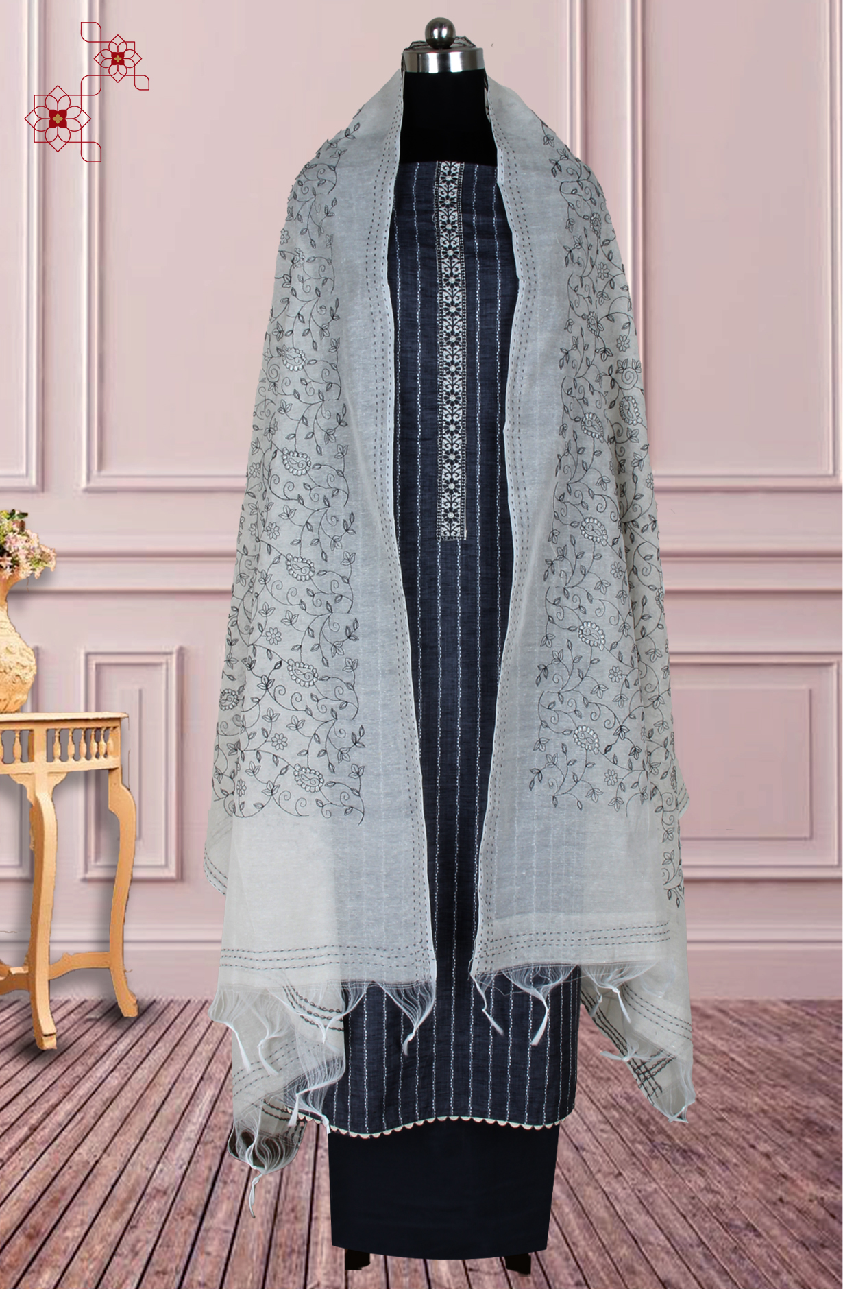 Grey Cotton Woven Unstitched Suit with Trendy Dupatta - 944-1372