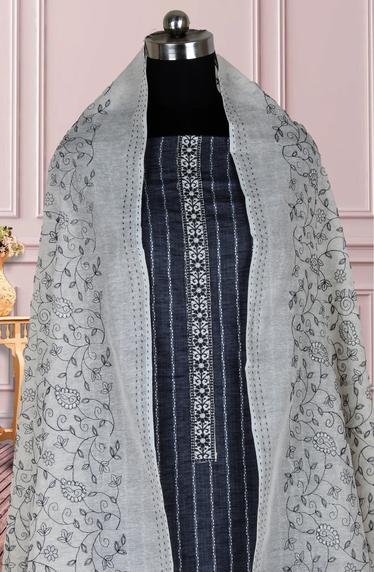 Grey Cotton Woven Unstitched Suit with Trendy Dupatta - 944-1372