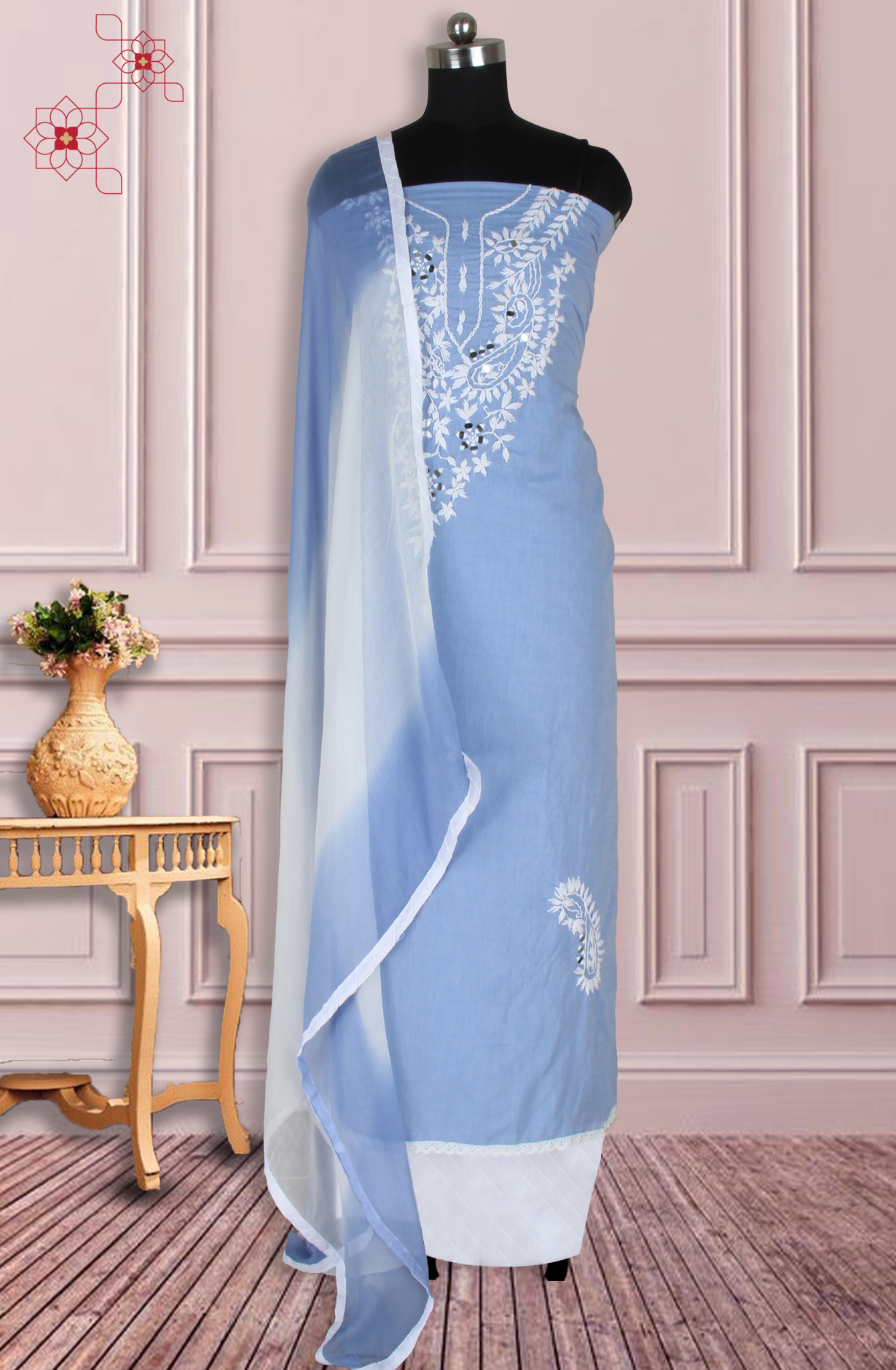 Pastel Blue Unstitched Kantha Work Suit with Chiffon Dupatta - 944-14003