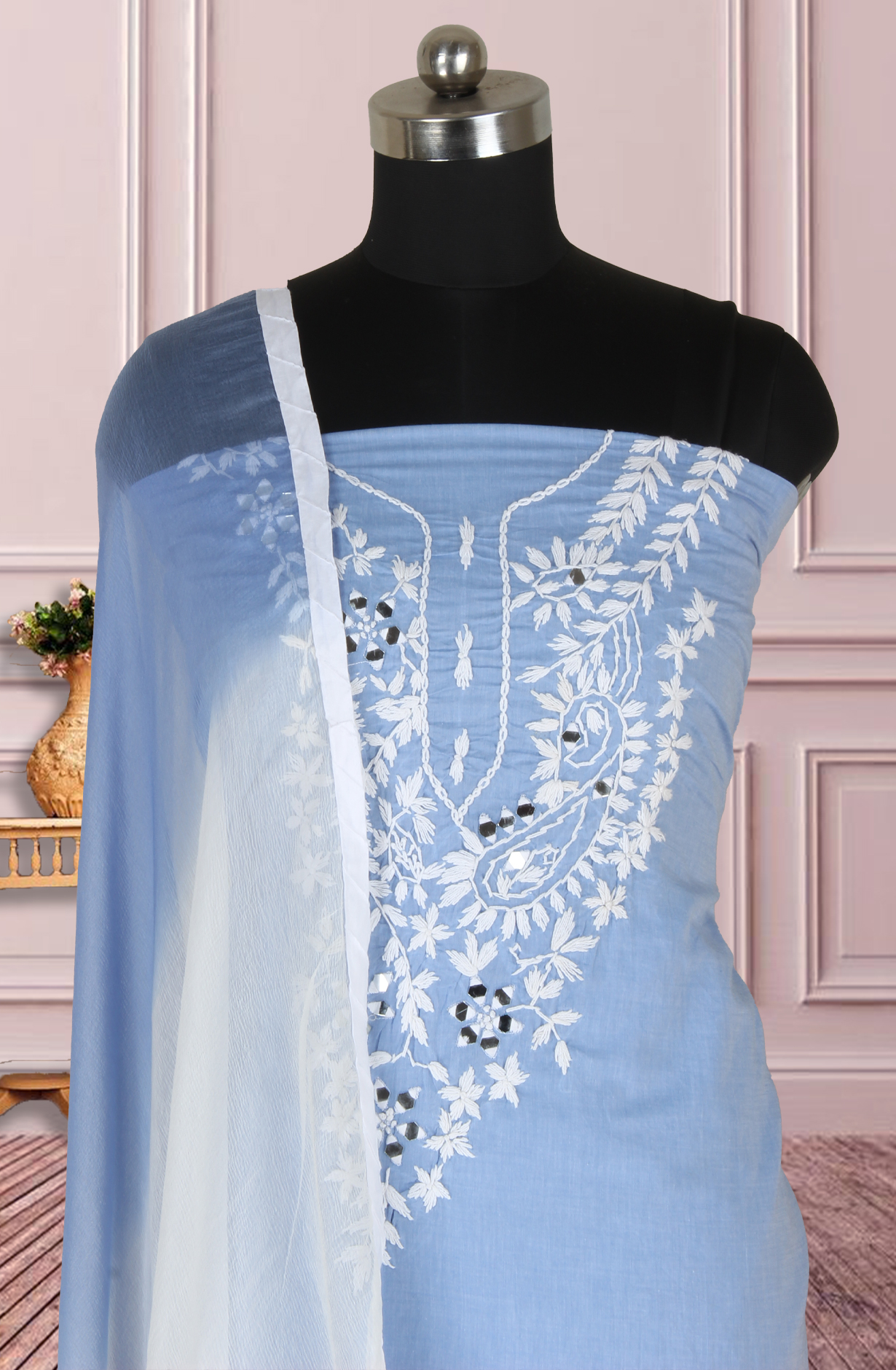 Pastel Blue Unstitched Kantha Work Suit with Chiffon Dupatta - 944-14003