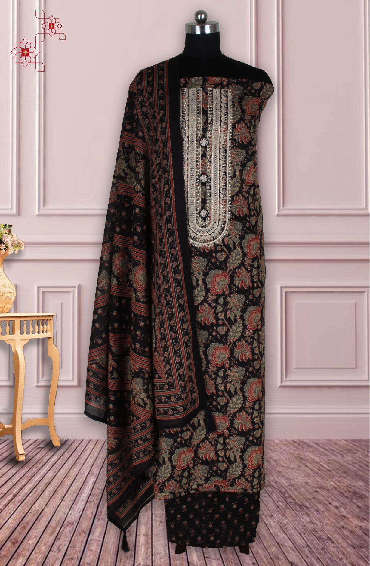 Black Cotton Printed Unstitched Salwar Suit with Dupatta - 944-1421