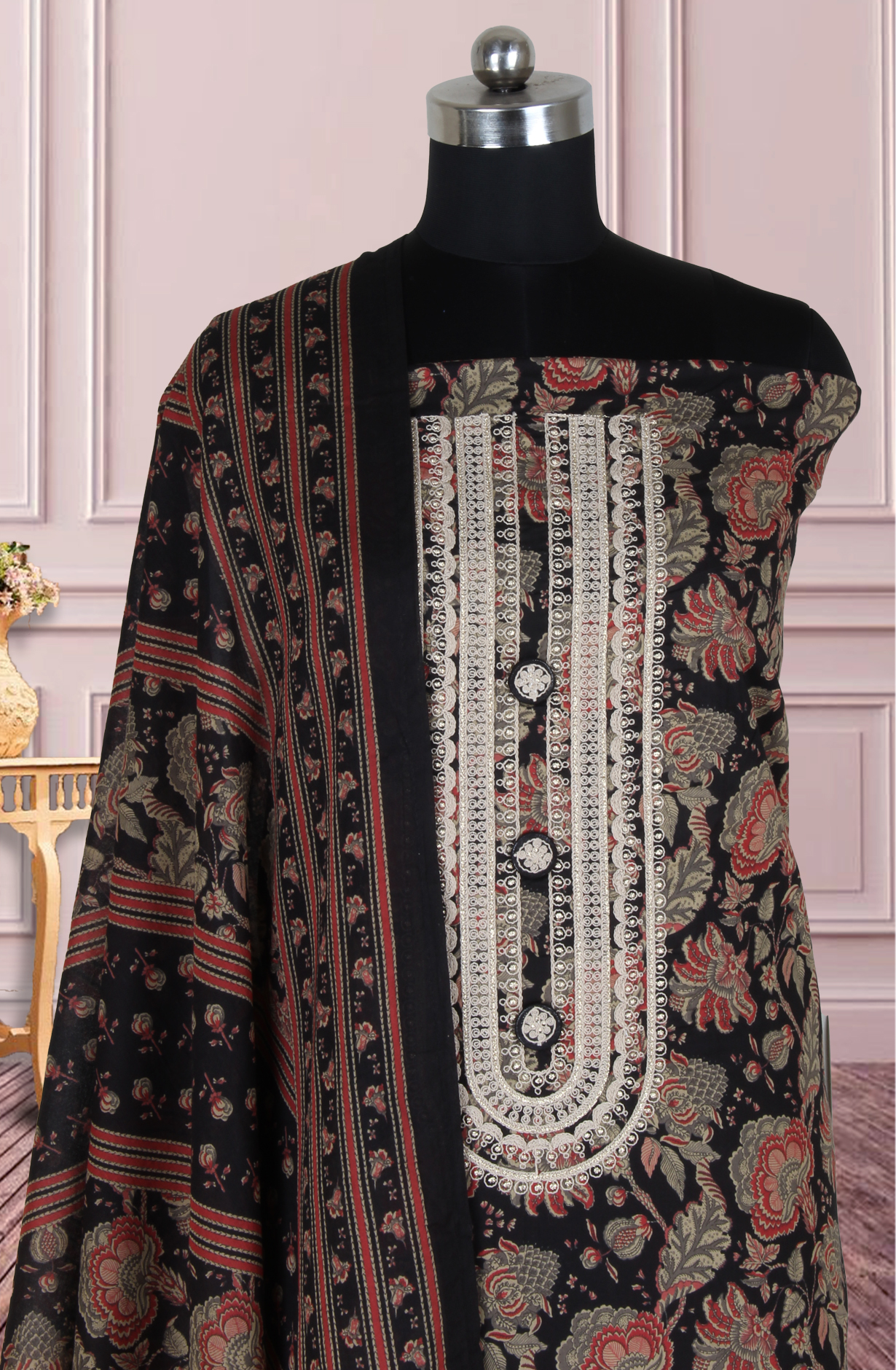 Black Cotton Printed Unstitched Salwar Suit with Dupatta - 944-1421