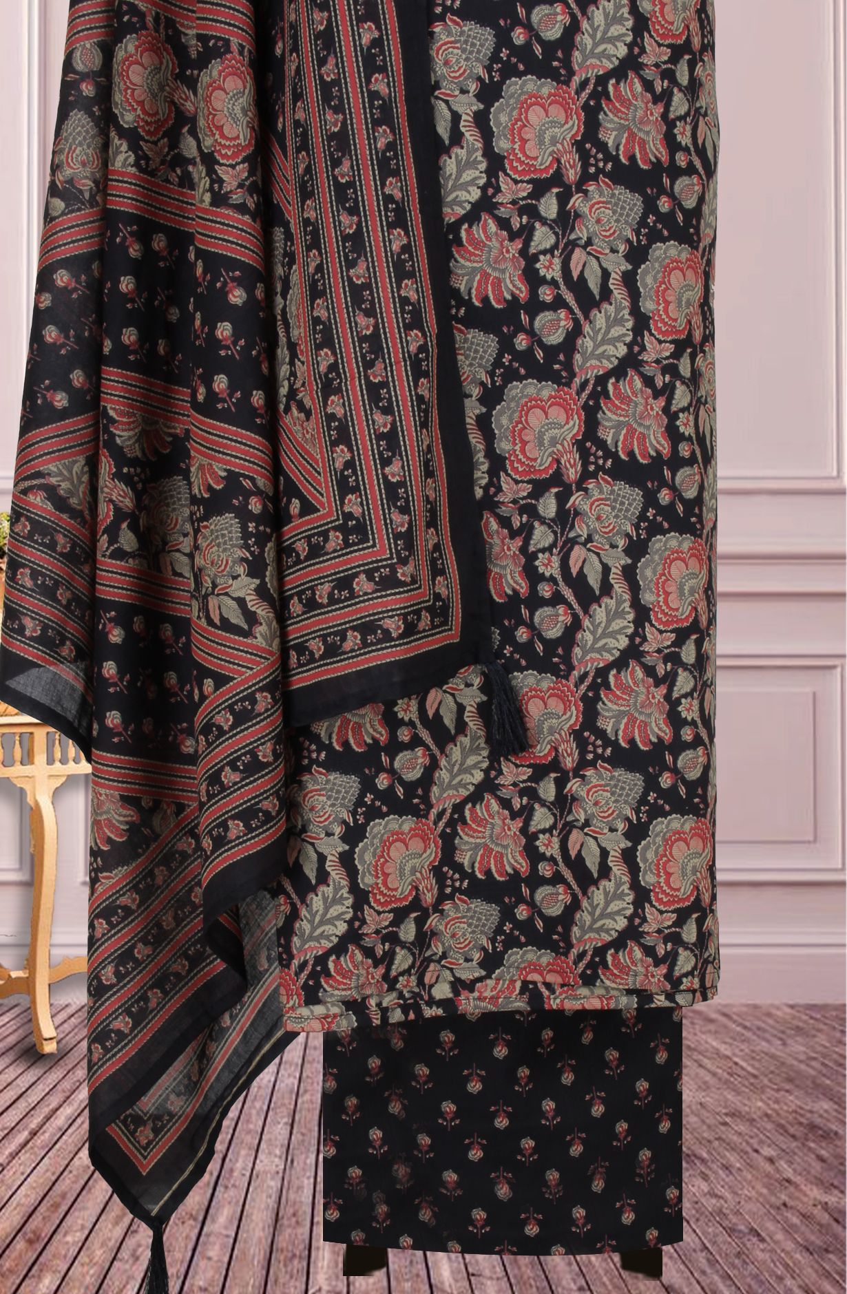 Black Cotton Printed Unstitched Salwar Suit with Dupatta - 944-1421